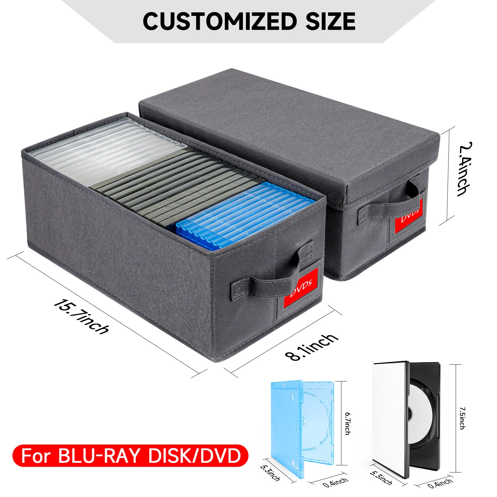 NUSWOR DVD Storage Box - Stackable Organizer with Lid, Holds 50 DVDs, 2-Pack, 15.75x8.1x6.1 inches, Grey, Thickened