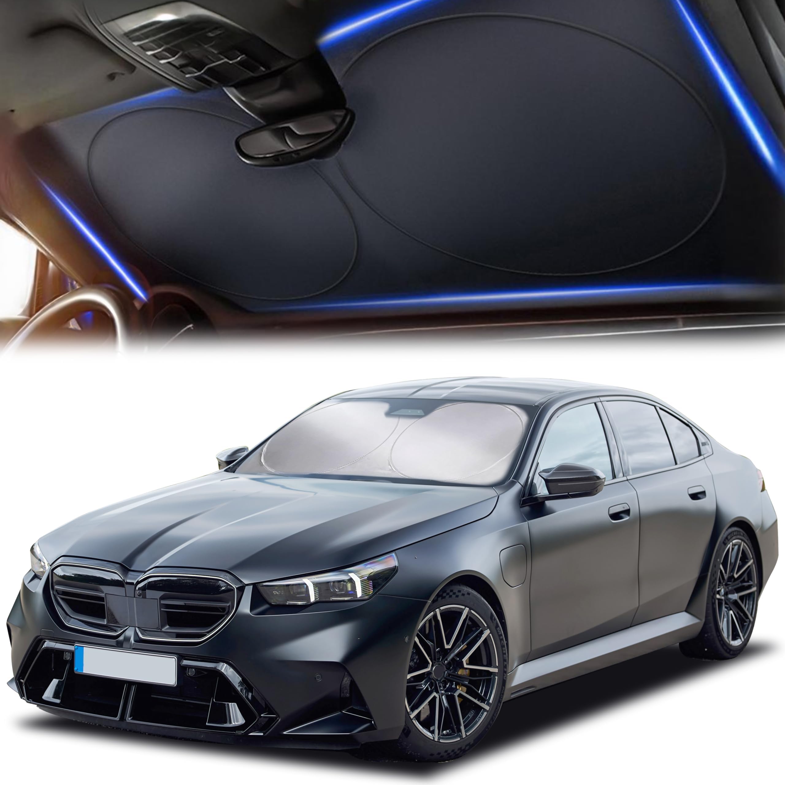 Windshield Sun Shade For Car, Suv & Truck - Patented Design Blocks 99% Uv Rays & Heat | 240T Reflective Polyester Sunshade With