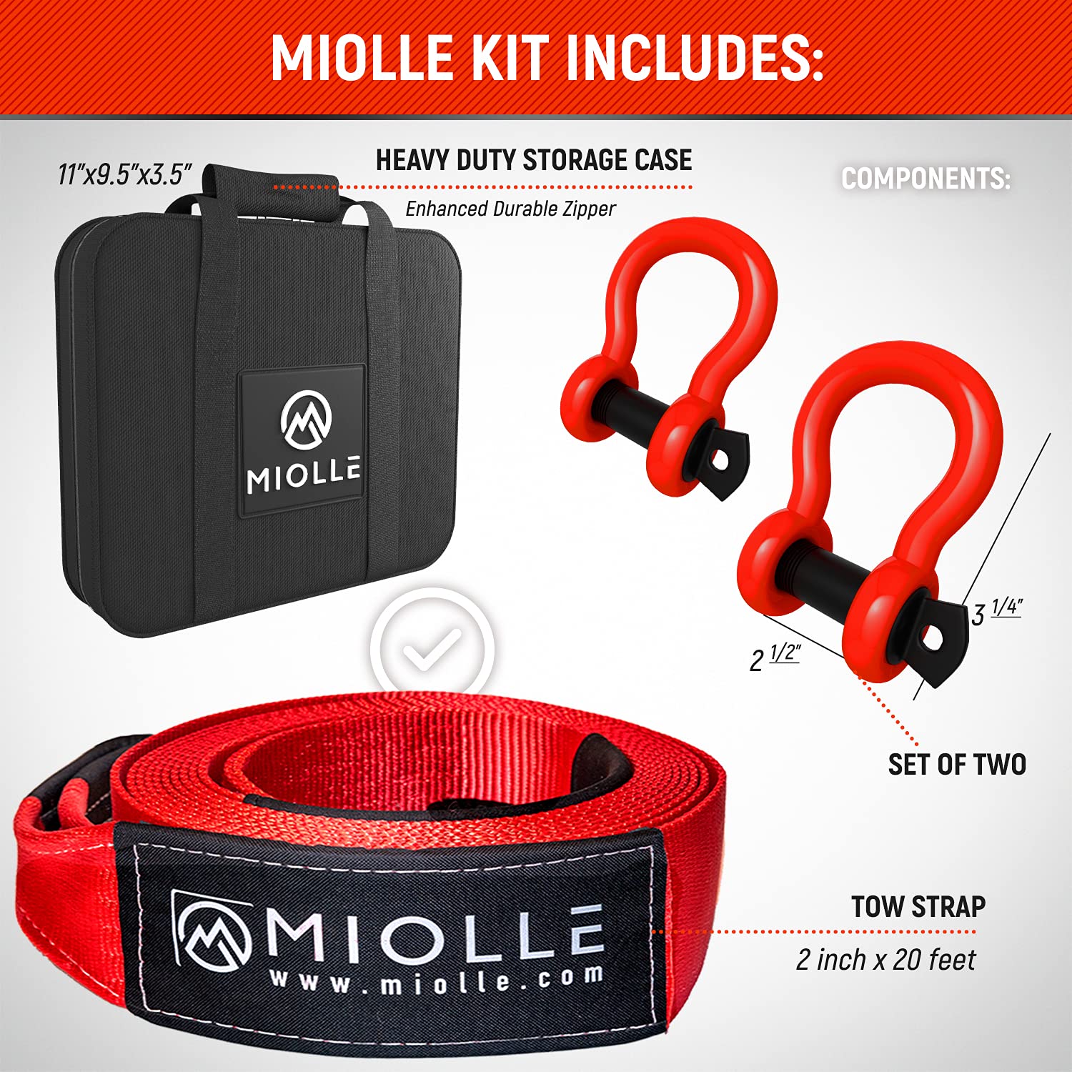 Miollegear Tow Strap 2   X20- 20990 Lbs Mbs (Lab Tested) Recovery Strap Kit Includes: Tow Rope, 2 D-Ring Shackles 5/8 Mbs- 28640