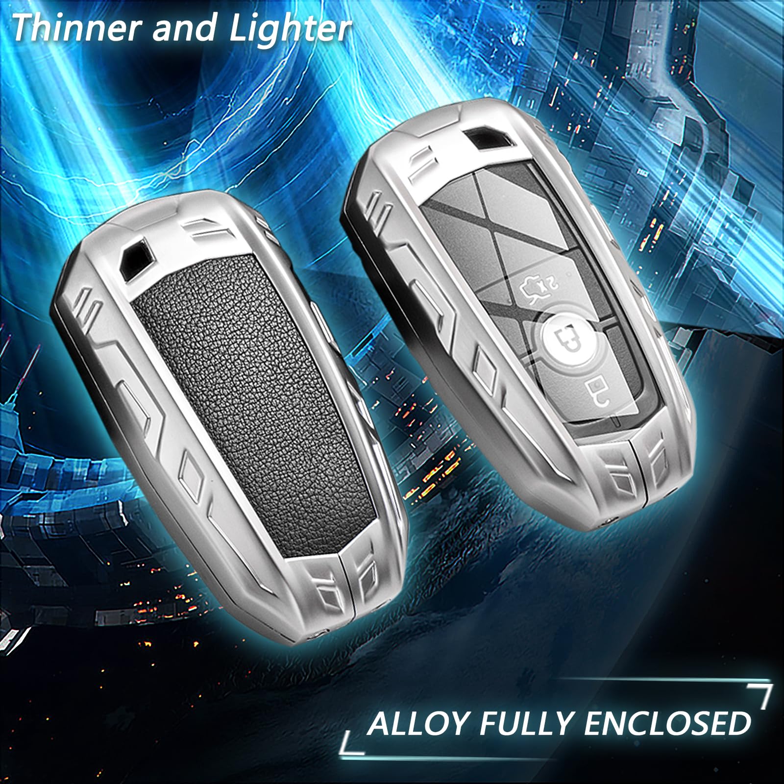 Ocezbiis Key Fob Cover for Ford, Zinc Alloy Protection, Silver, For Ford Style A