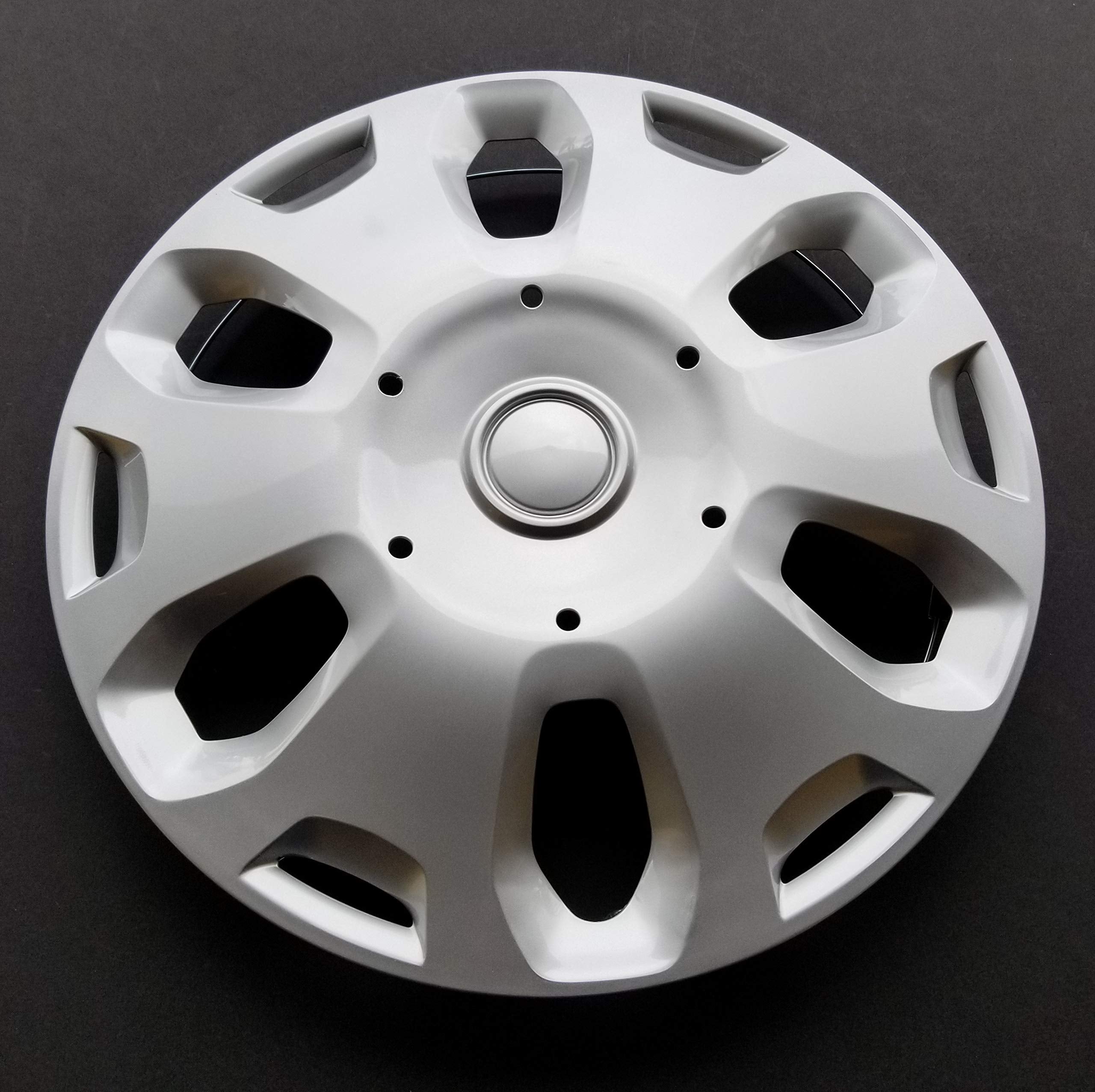 New Wheel Covers Replacements Fits 2010 2013 Ford Transit Connect 15 Inch; 6 Spoke; Silver Color; Plastic; Set of 4; Spring Stee