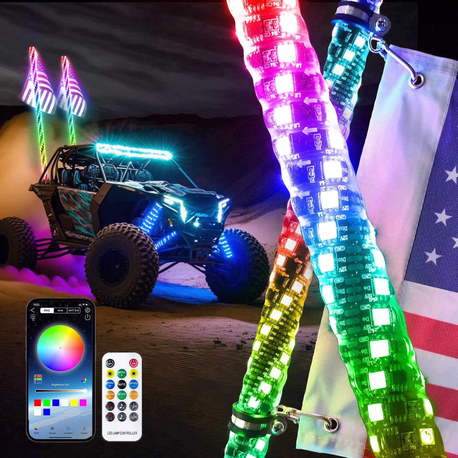 3FT-2PC LED Whip Lights for UTV RGB Chasing/Dancing Light Remote Control APP-Supported, 600+ Color Mode Combinations, RGB Chasin
