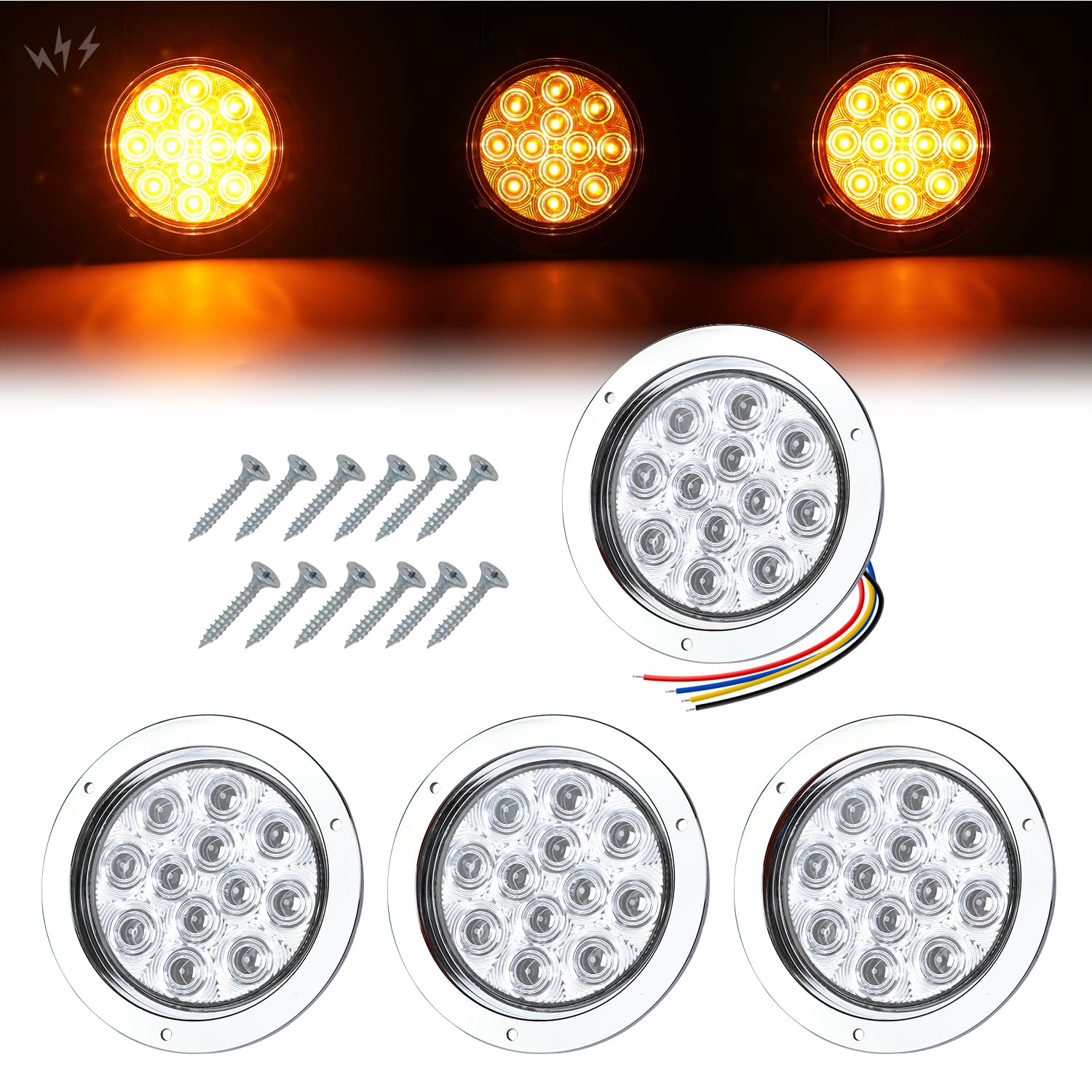 TMH 4 Inch Clear Lens Amber LED Strobe Trailer Tail Lights, 12 LED Flush Mount, Chrome Bezel, Waterproof, Solid & Flashing Strob