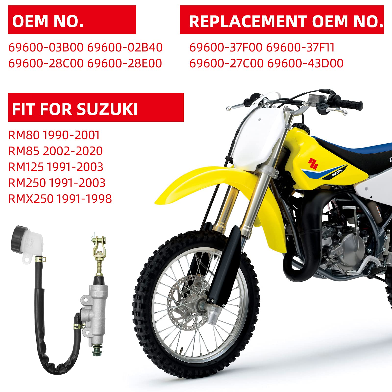JAVIK Rear Brake Master Cylinder for Suzuki RM80 RM85 RM125 RM250 RMX250 - Black