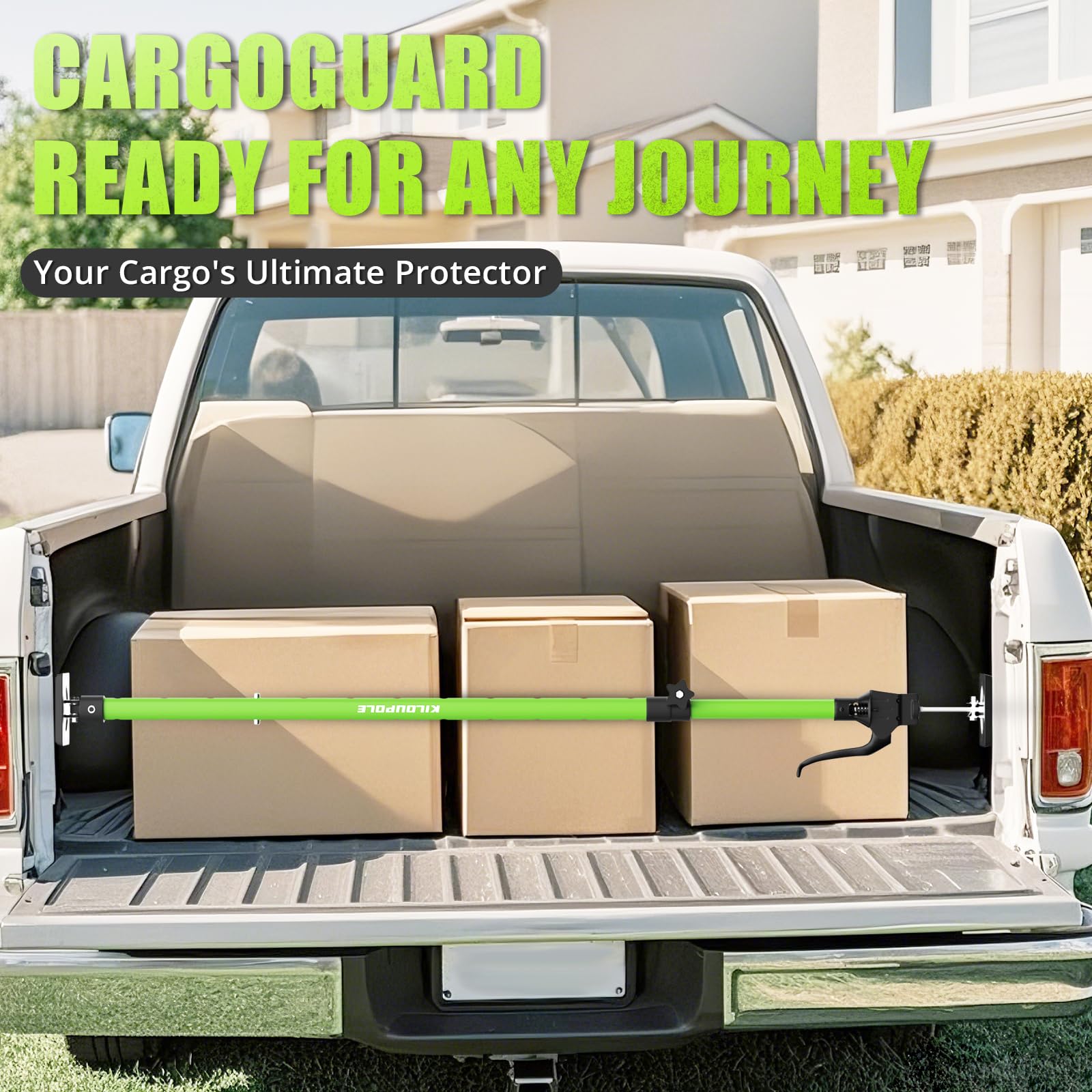 KILOUPOLE Adjustable Cargo Bar Set, 40"-79", Non-Slip Truck Bed Divider, Green, Includes 2 Cargo Bars, 2 Dividers, 1 Cargo Net