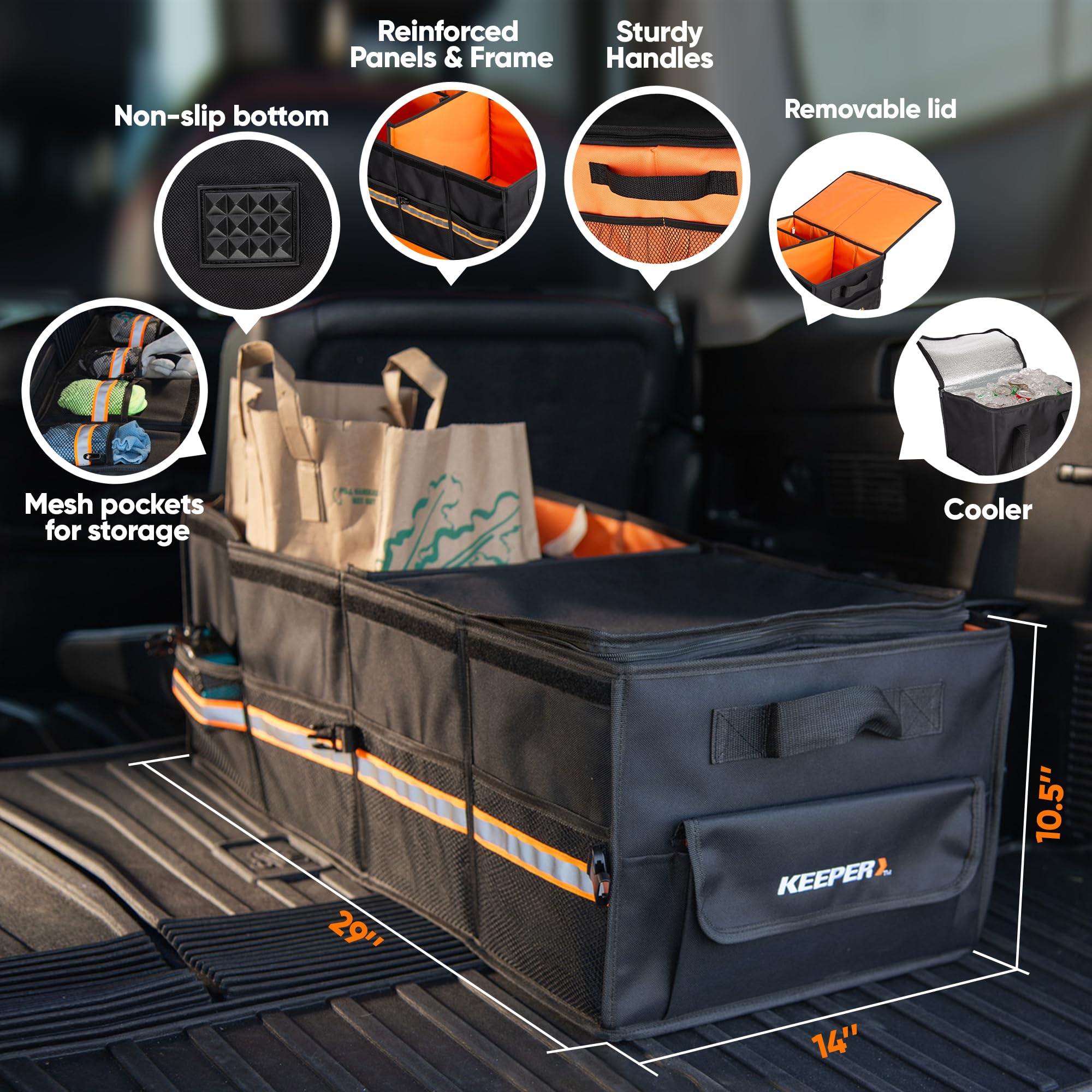 KEEPER Standard Trunk Organizer - 48L Multi-Compartment Car Storage, Black/Orange, Collapsible, Non-Slip Bottom, Model 30032