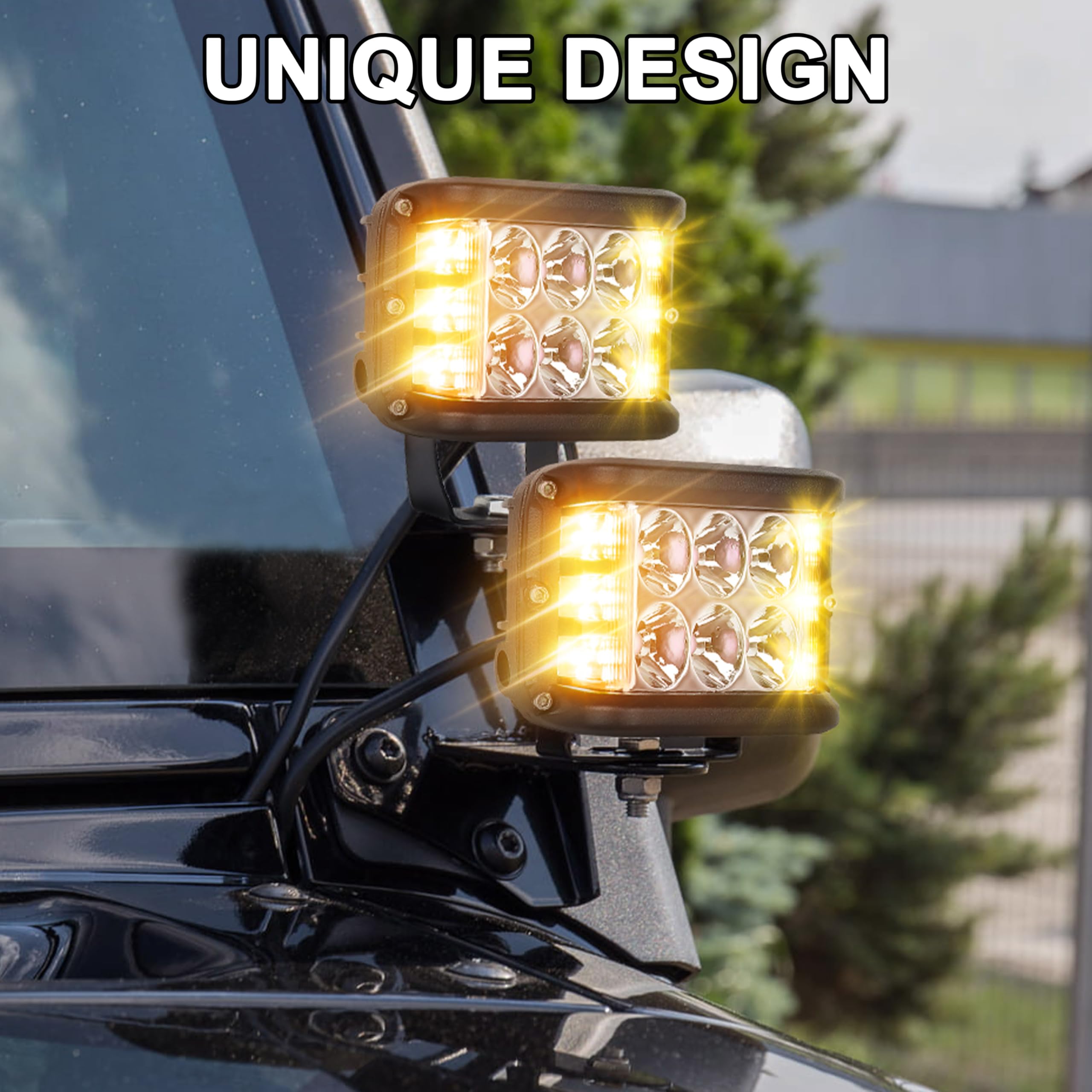 HOYUZA Side Shooter Pod Lights - 4 Inch Yellow Strobe LED Cube Lights for Tractor, Truck, ATV, UTV - Model HY-1818SWY