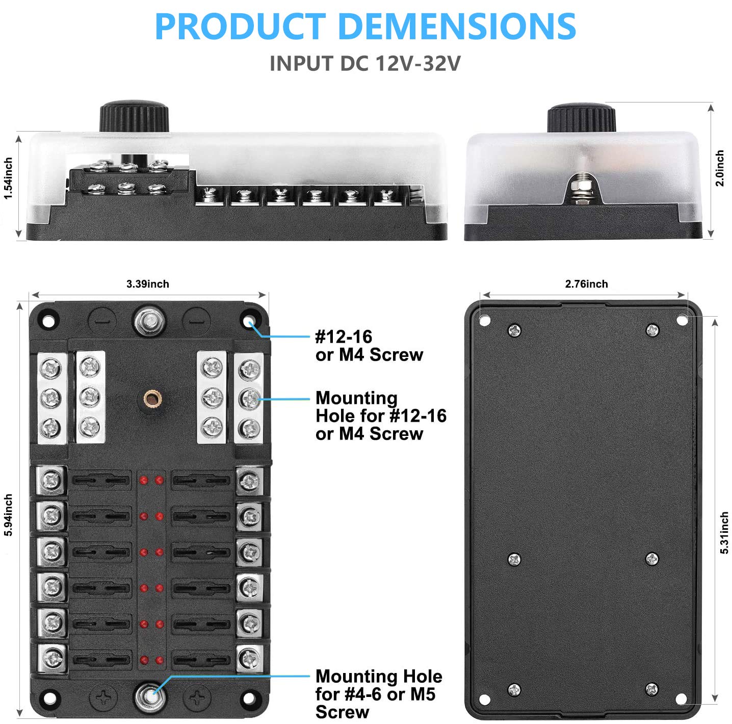 tigwin 12 Way 12V Fuse Box - Waterproof Blade Fuse Block Holder with LED Indicator for Automotive, RV, Boat, Truck, Model KLWD-FB-12N