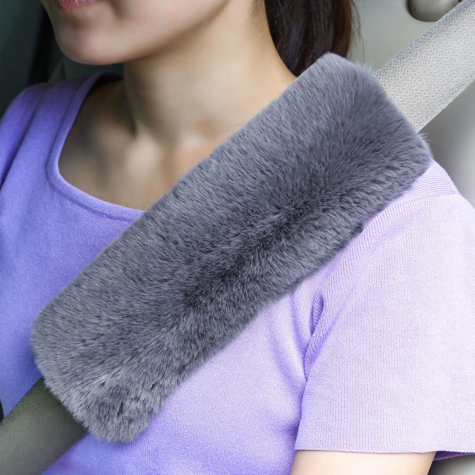 Boao 4 Pack Faux Sheepskin Car Seat Belt Pads Seatbelt Protector Soft Seat Belt Shoulder Strap Cover Comfort Harness Pad(Dark Gr