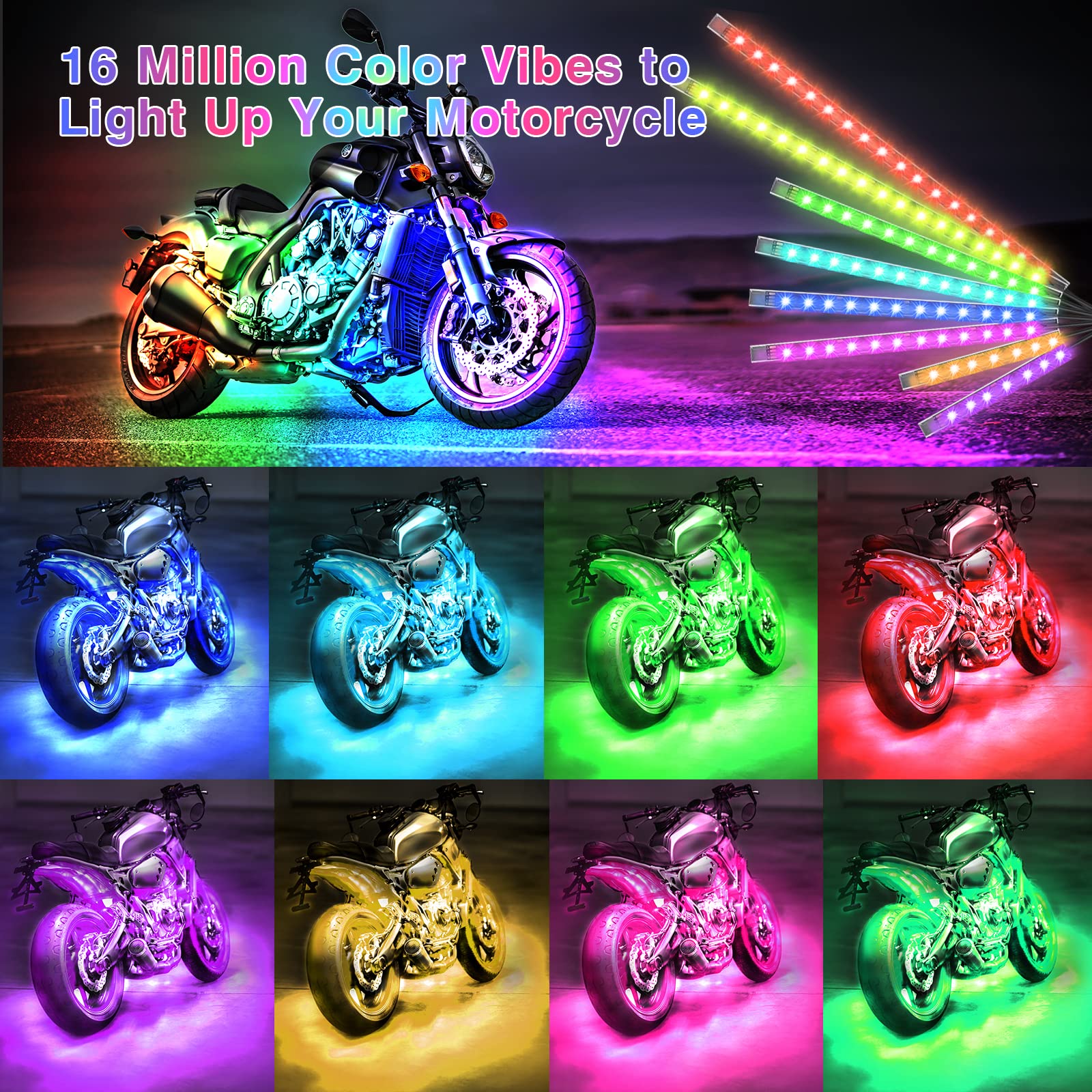 LD DARKEAGLE 16PCS Motorcycle RGB LED Light Kit - Multicolor Neon Accent Strips with APP/RF Remote, Waterproof for Harley Honda Yamaha