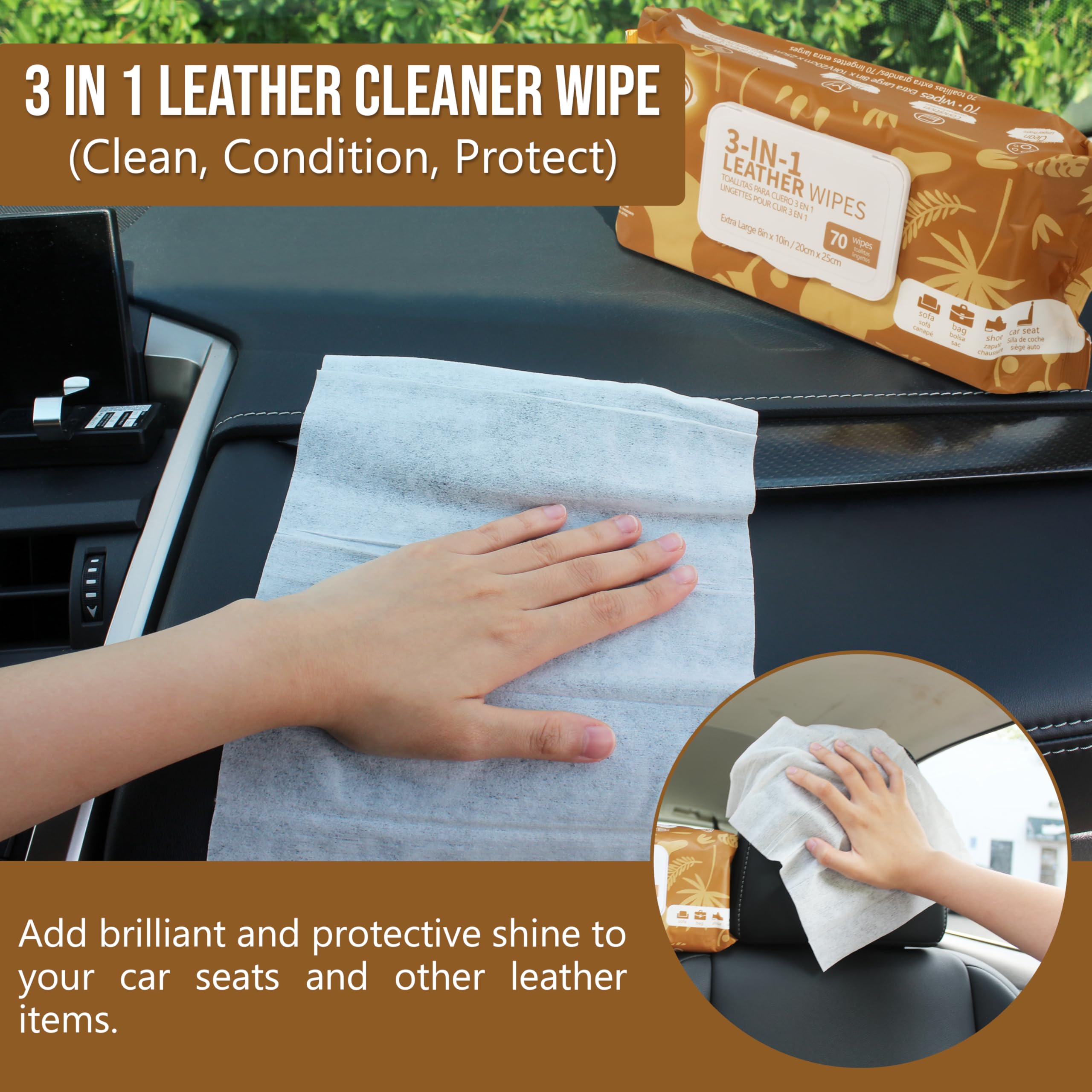 Air Jungles 3in1 Leather Cleaner Wipes, Extra Large 70 Count (Pack of 3), for Vinyl & Leather Care, 8" x 10" Size
