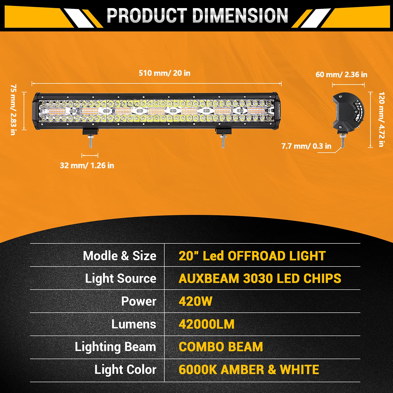 Auxbeam 20" LED Light Bar, 420W Off-Road Spot Flood Combo, Amber & White, Six Modes, Includes Wiring Harness for Jeep, Truck, SUV, ATV