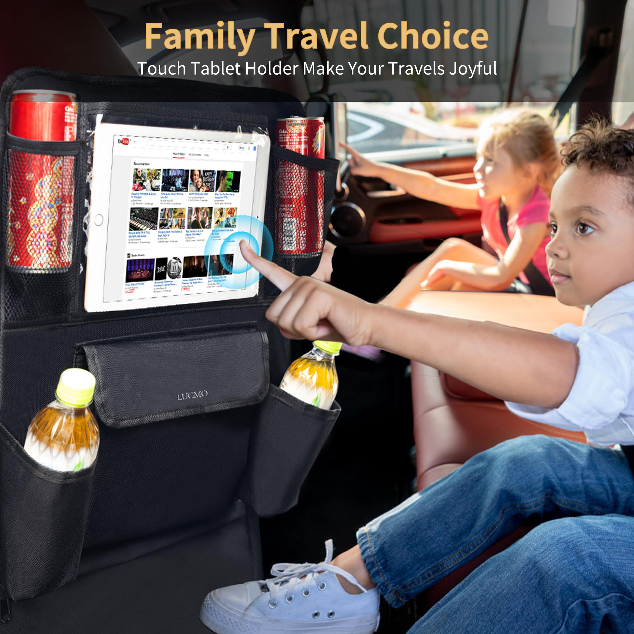 LUCMO Car Backseat Organizer with Touch Screen Holder, 9 Pockets, Black, Polyester, Model 12LCO, Travel Accessory for Kids