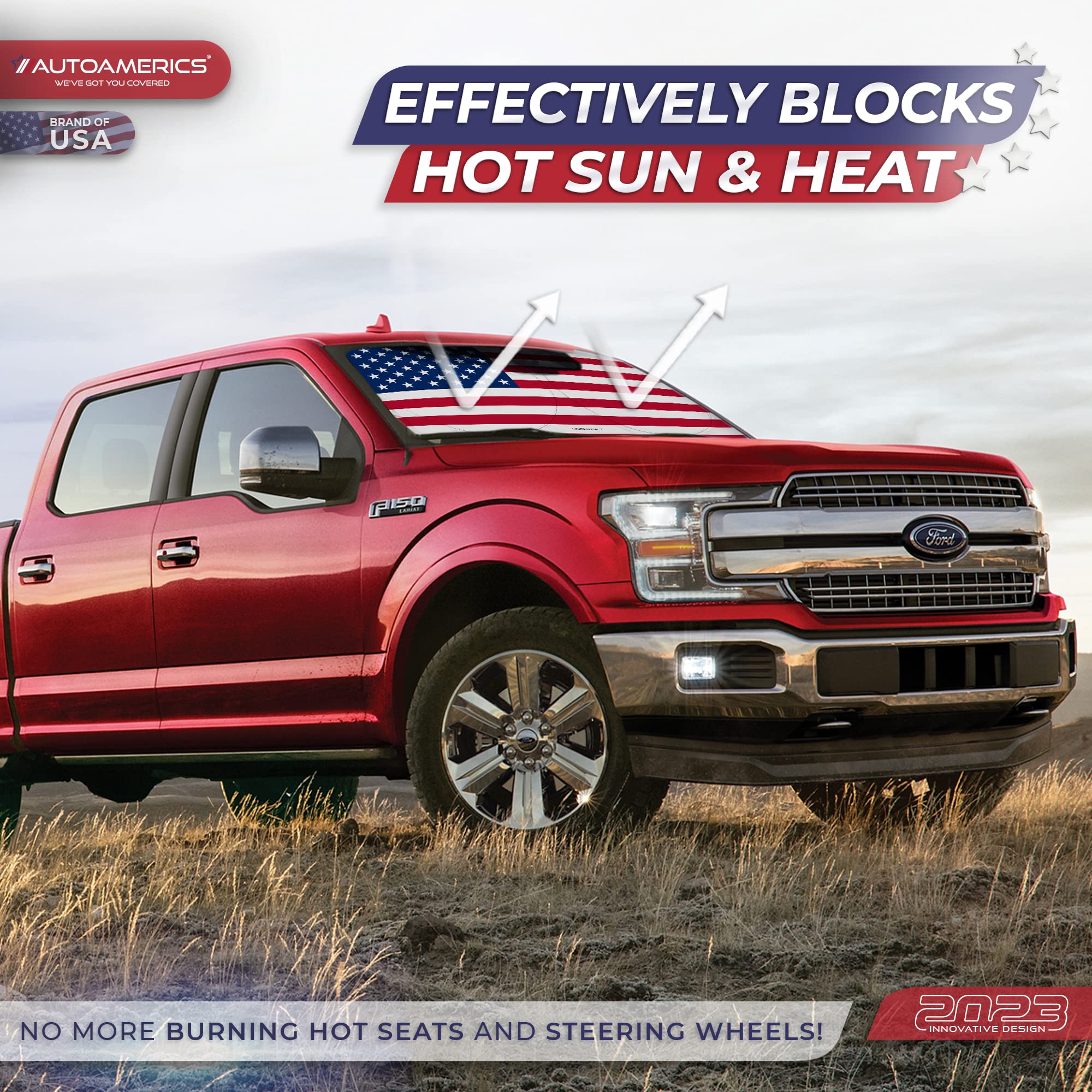 Autoamerics 1-Piece Windshield Sun Shade Original American Flag Usa Patriotic Design - Foldable Car Front Window Sunshade For Se