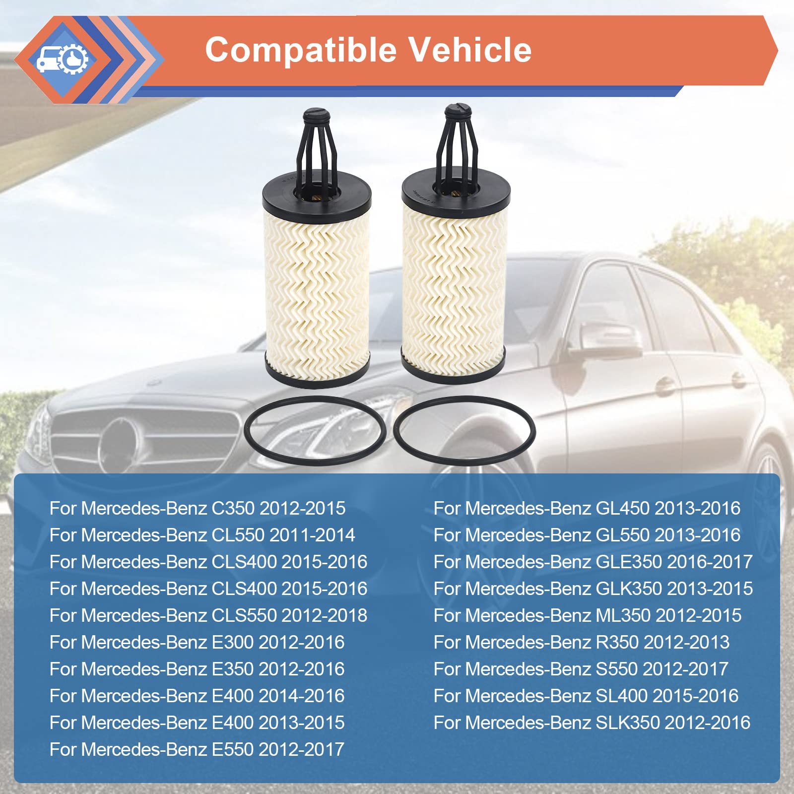2 Pcs Engine Oil Filter Compatible With Mercedes-Benz C, CLS, E, CLE, S, ML, SL Series, Replace #2761800009