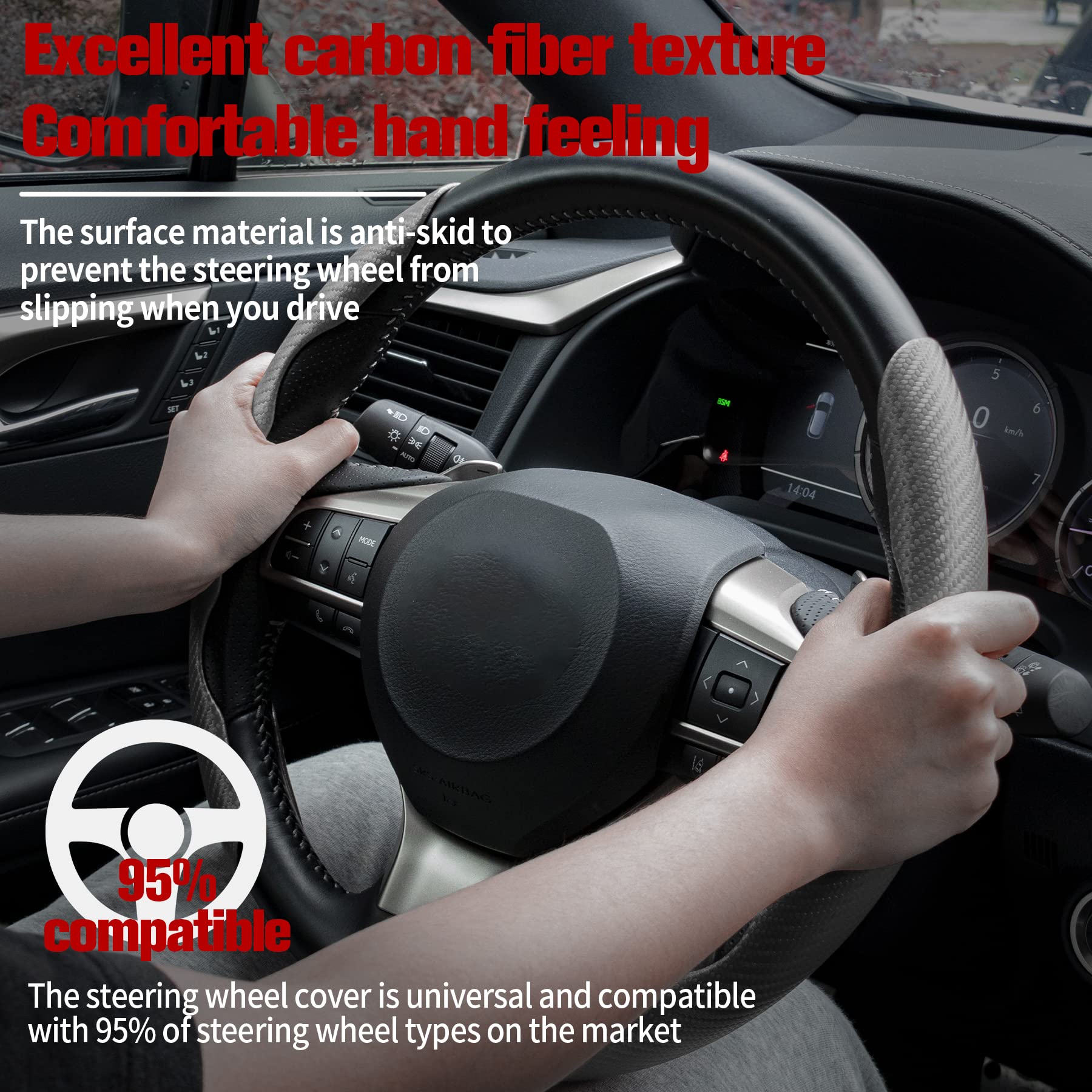 Amiss Car Carbon Fiber Anti-Skid Steering Wheel Cover, Segmented Protector, Butterfly Universal 99% Cover Interior Accessories (Grey)
