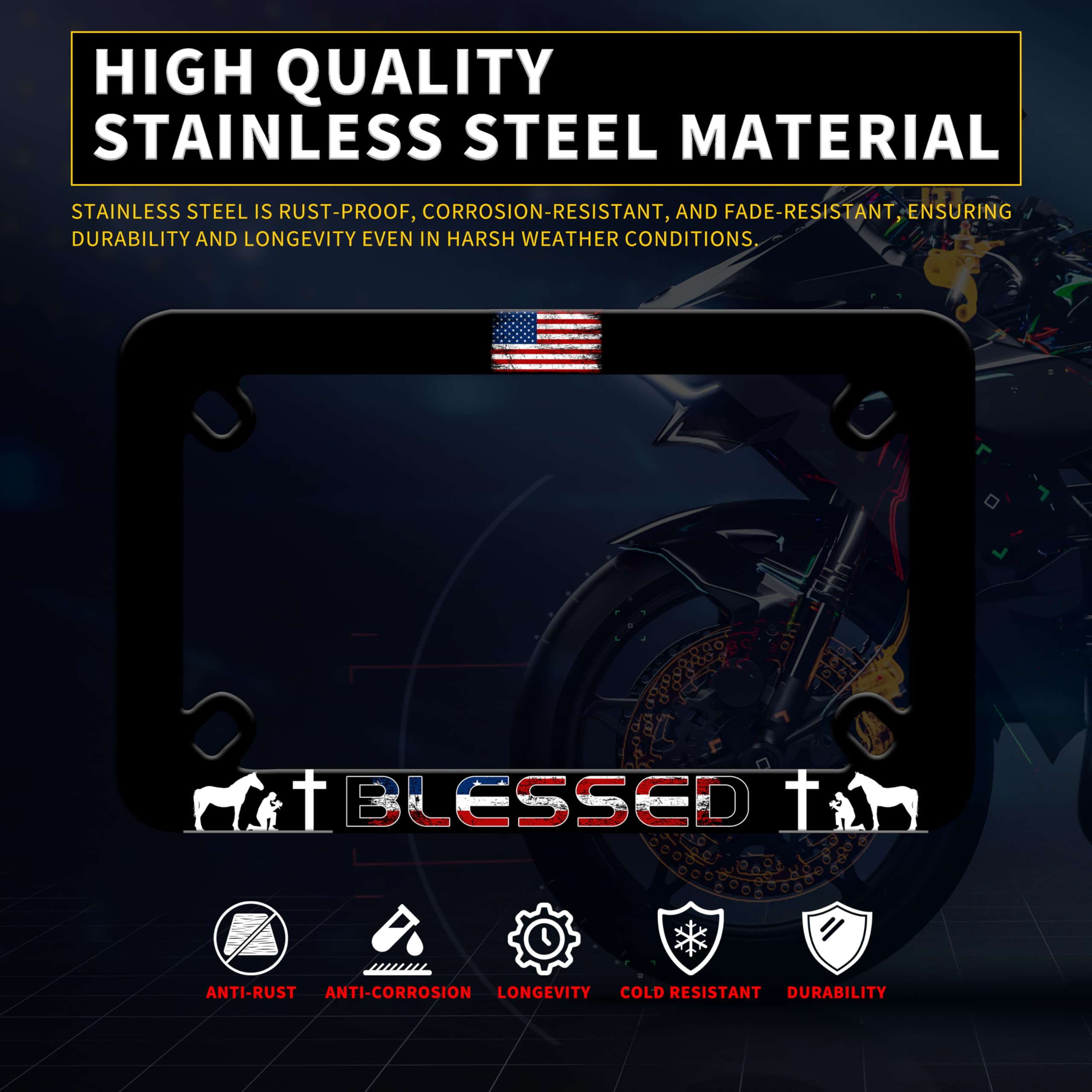 Motorcycle American Flag Blessed License Plate Frame Cross Pray Stainless Steel Material Funny Motorbike License Plate Holder Mo