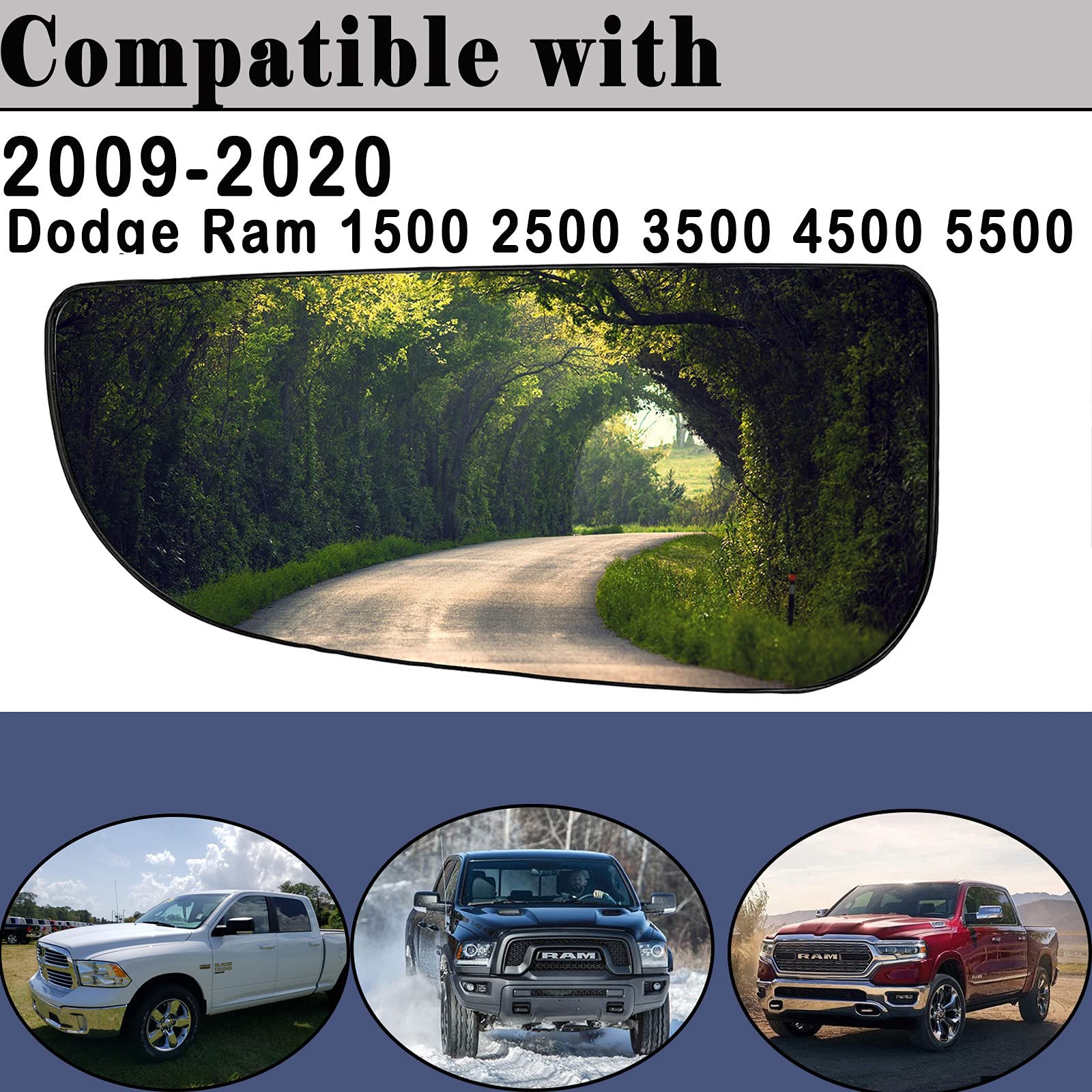 Papegia Driver Side Lower Mirror Glass for 2009-2020 Dodge Ram 1500 2500 3500 4500 5500 - Black Convex with Rear Mounting Br
