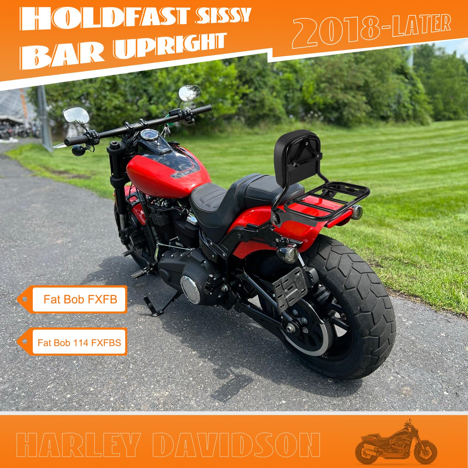Eumti HoldFast Sissy Bar for Harley Softail Fat Bob 114, Gloss Black, Heavy-Duty Metal, Model LC-132, Detachable Backrest with Luggage Rack
