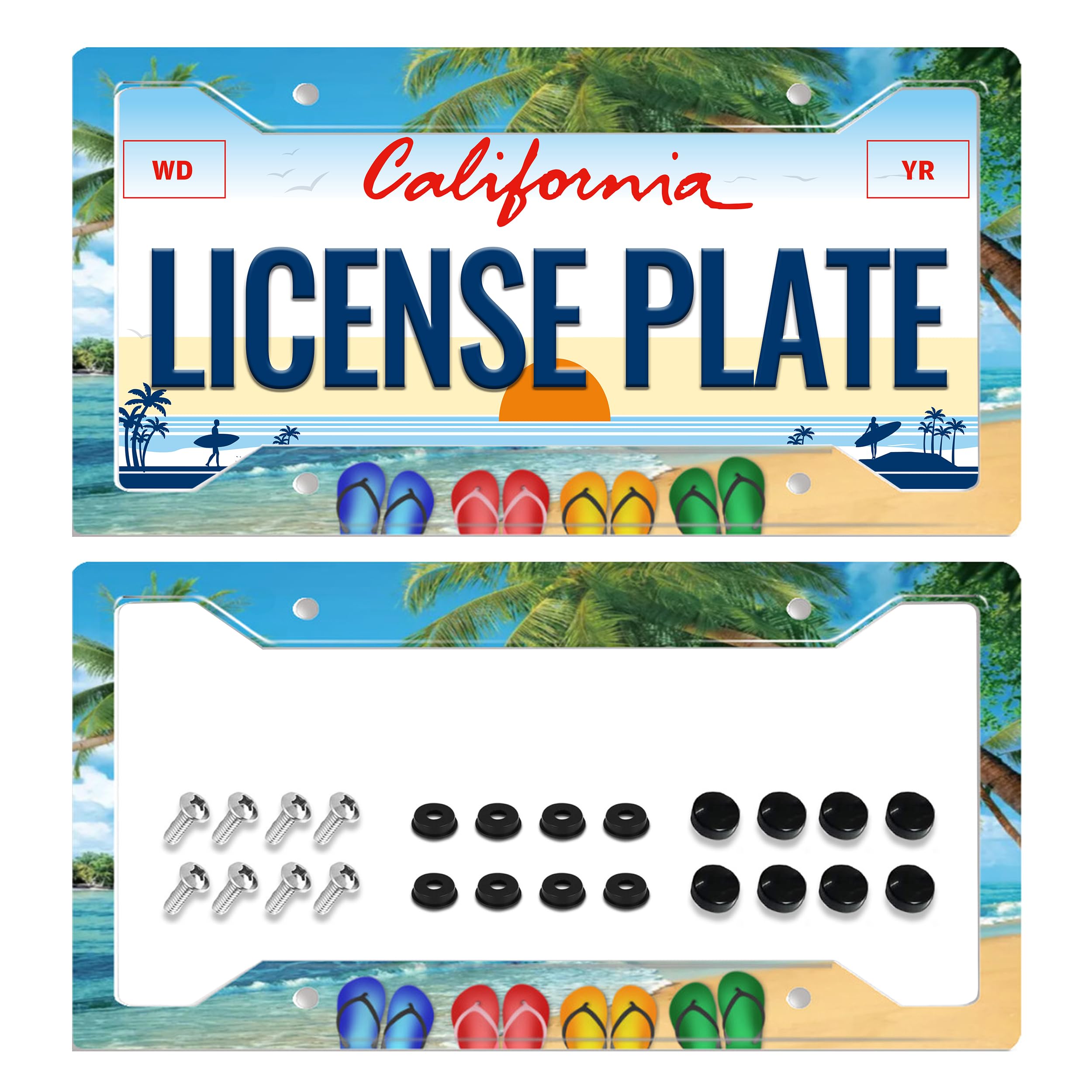 Hawaii Beach Flip Flops License Plate Frame Palm Tree 2Pcs For Car Decorative Parts License Plate For Standard Us Canada License