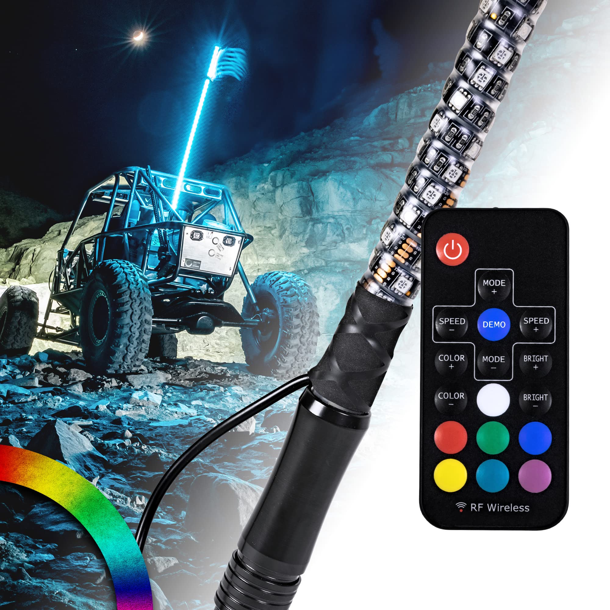 True Mods 4Ft Spiral Rgb Led Whip Light For Utv Atv [Rf Wireless Remote] Usa Flag Waterproof Led Lighted Whip Cb Antenna Pole St