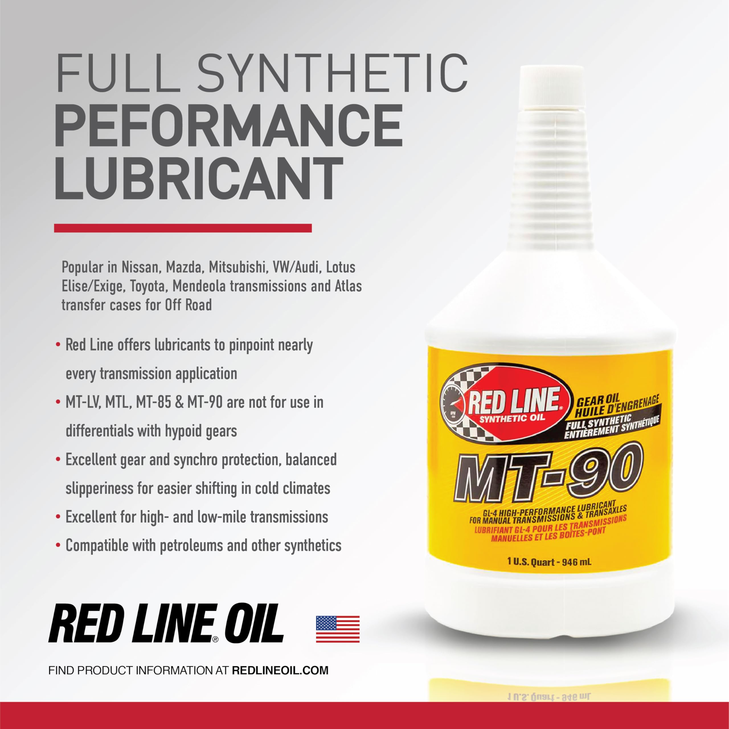Red Line MT-90 75W-90 GL-4 Manual Transmission Lubricant - 2 Quart Pack, Model 50304