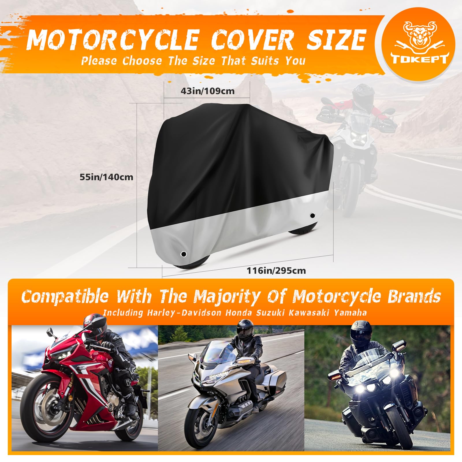 Tokept Motorcycle Cover Waterproof Outdoor Protection with Lock-Holes & Storage Bag Fits up to 116 Motorcycles Vehicle Cover f