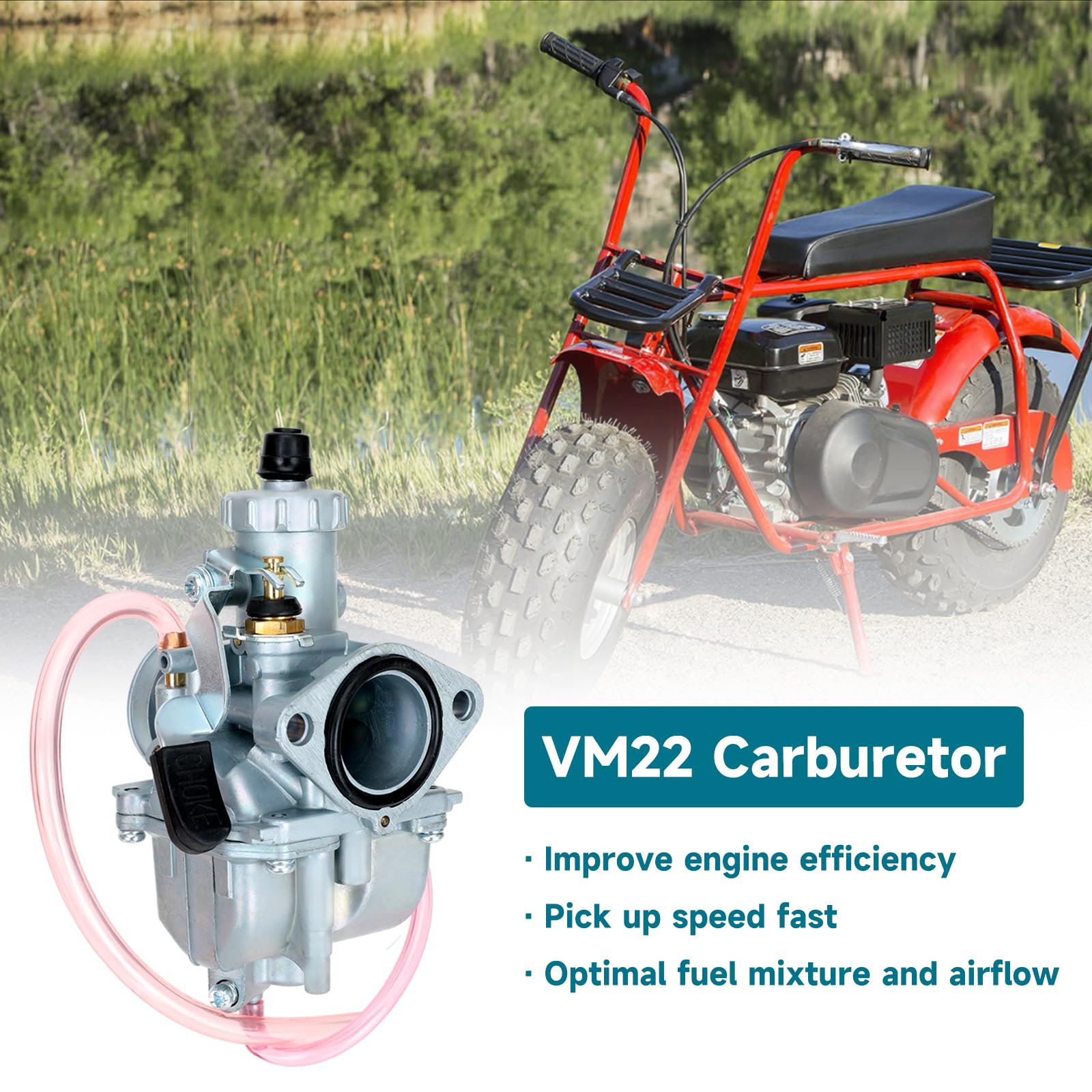 FVRITO VM22 26mm Carburetor for Predator 212cc/196cc Mini Bikes, Go Karts - Red, Model HYQ003-212, Includes 38mm Air Filter