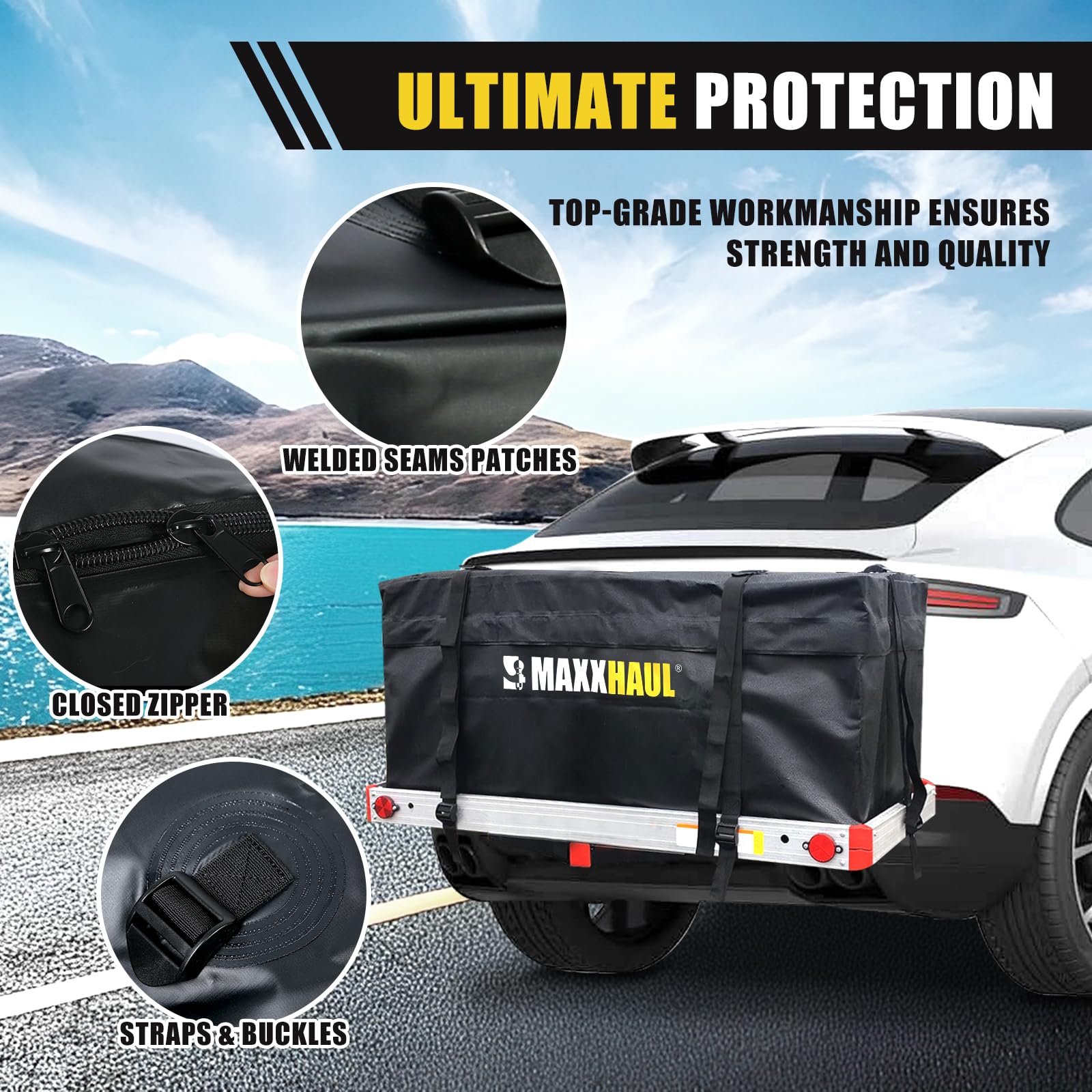 MAXXHAUL Soft Shell Cargo Carrier Bag - Heavy Duty, Water Resistant, 47"x20"x20", Black, Model 70209 with Tie Down Straps