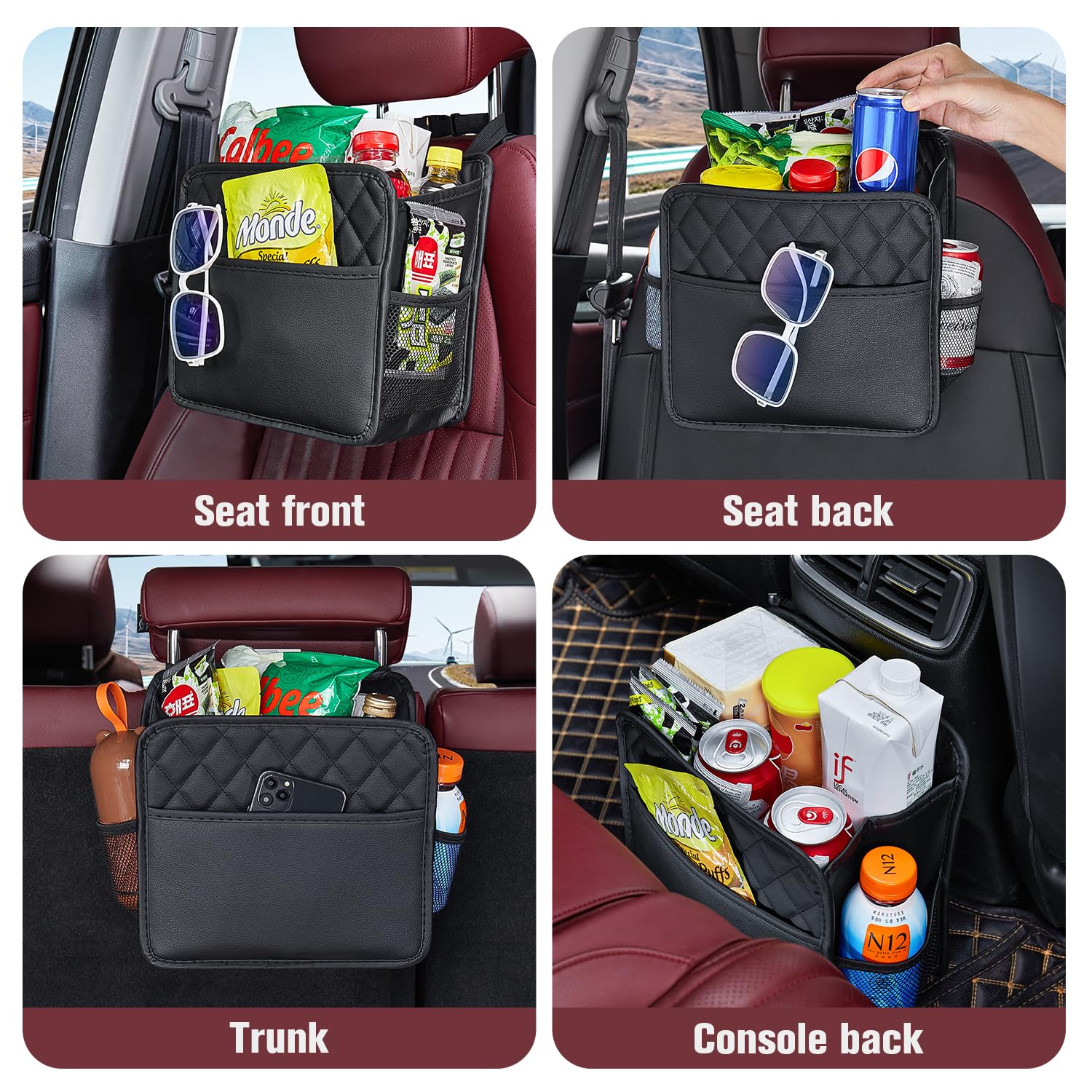 LXUNYI Car Organizer Back Seat - 2 Pack Waterproof Faux Leather, Large Foldable Storage Bag for Kids & Adults, Black