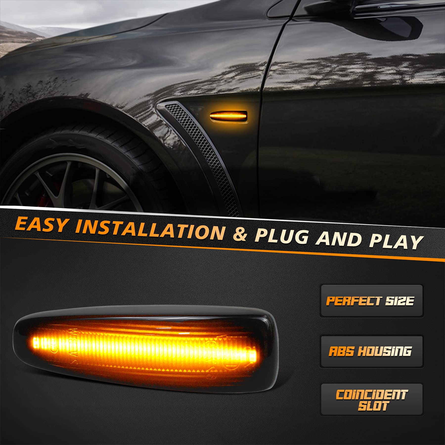 Hercoo Sequential Blink Amber Led Side Marker Light Assembly Compatible With Mitsubishi Lancer Outlander 2008-2013 Turn Signal L