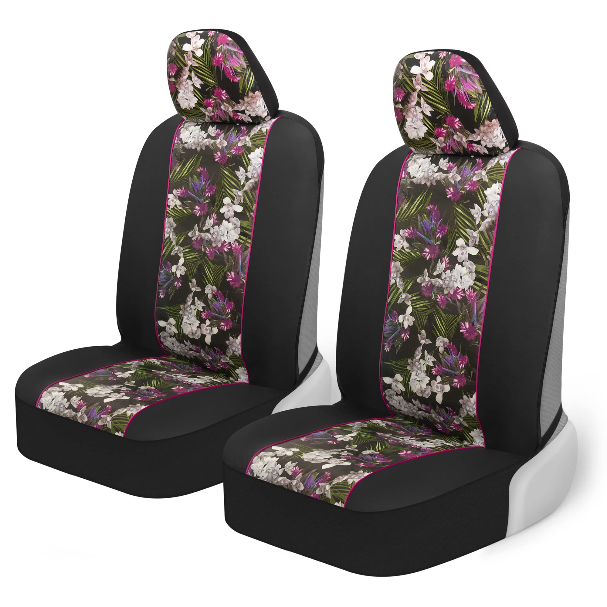 Bdk Pink Flower Faux Leather Car Seat Covers For Front Seats, 2 Pack - Floral Pattern With Matching Headrest, Easy Installation,
