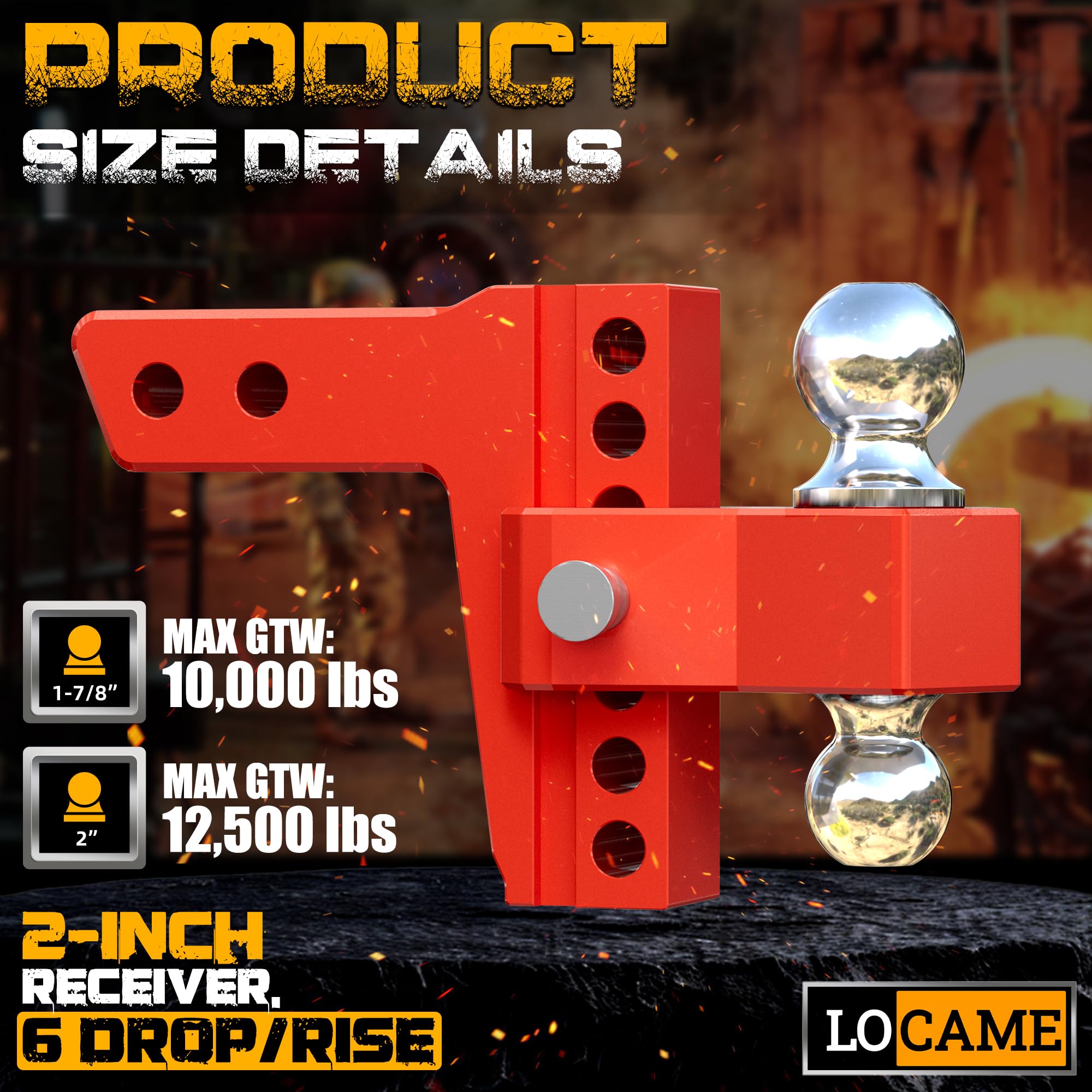 LOCAME Adjustable Trailer Hitch - 2-Inch Receiver, 6-Inch Drop, Aluminum, 12,500 LBS GTW, Model LC0046, Red