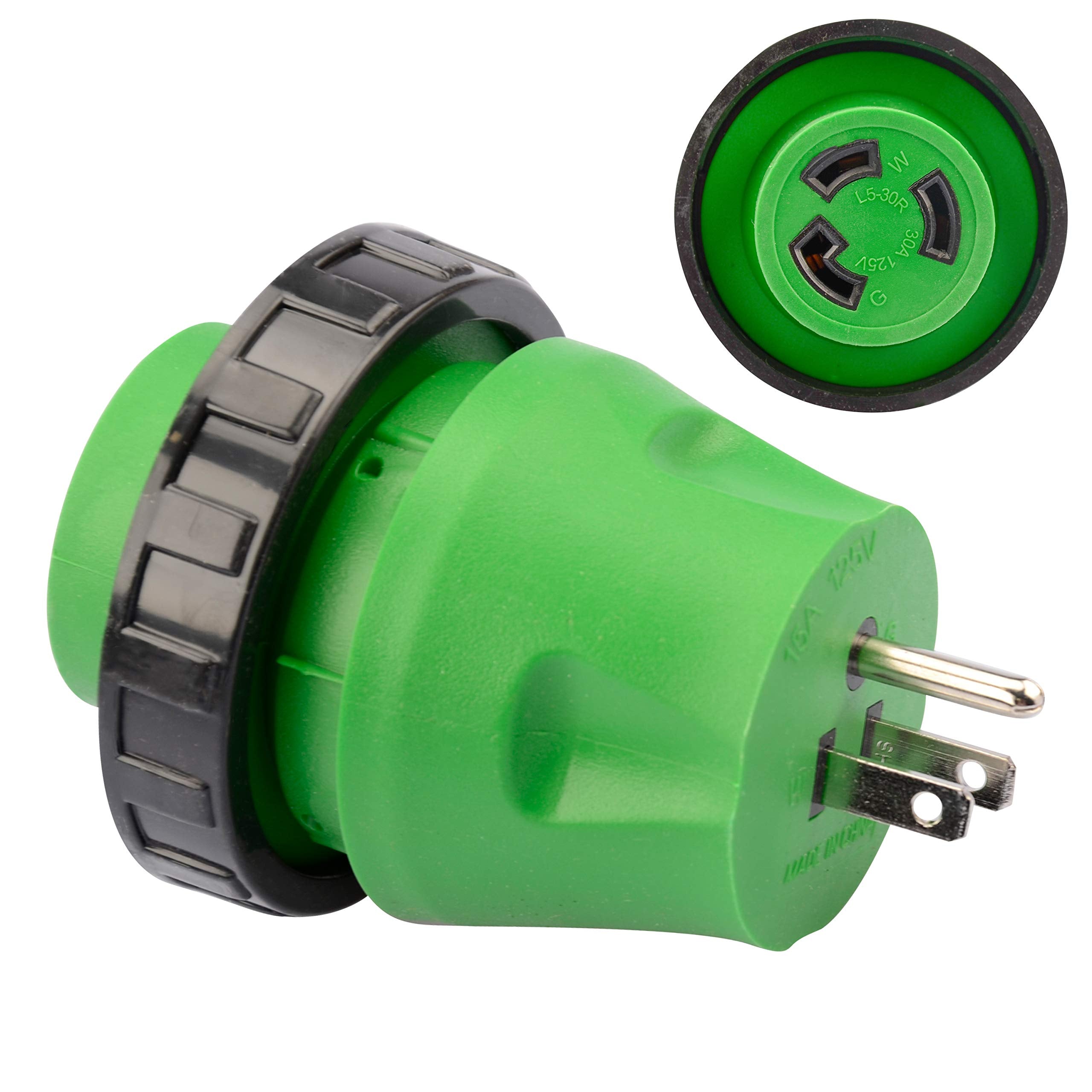 Rvguard 3 Prong 15 Amp To 30 Amp Rv Adapter Plug With Locking Connector, 5-15P To L5-30R 125 Volt Ac Camper Generator Adapter Electrical Converter Plug Green