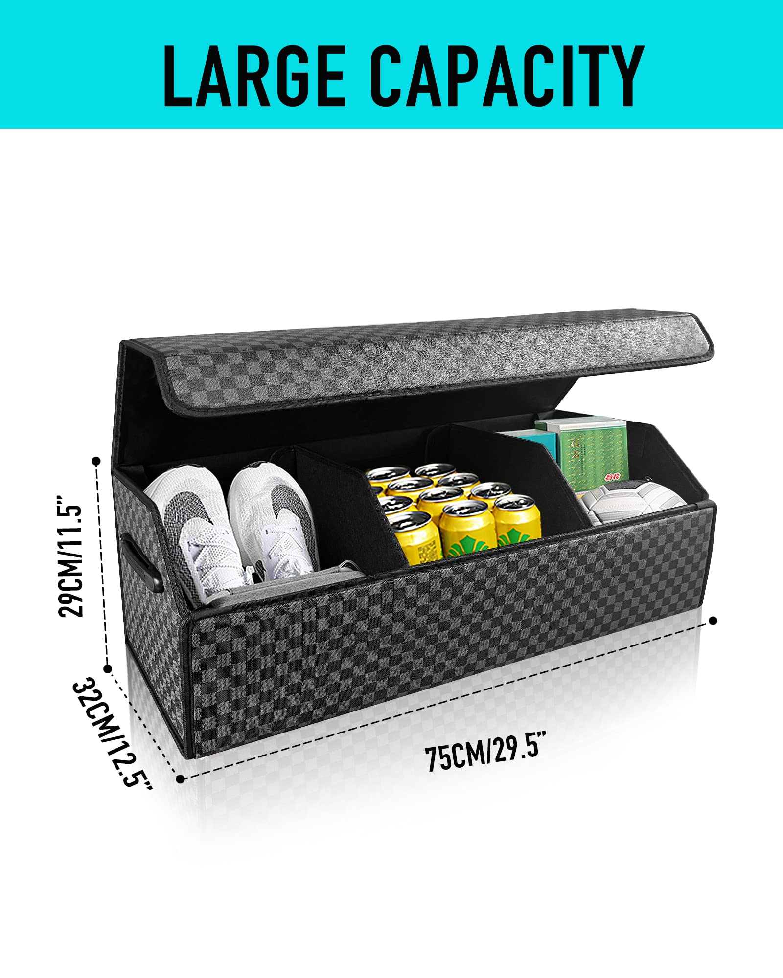 Fyzeoty Extra Large Faux Leather SUV Trunk Organizer - Collapsible, Magnetic Lid, Checked Color, Model S006