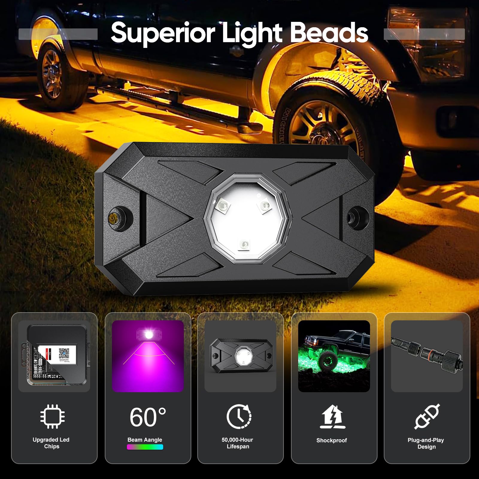 YiLaie RGB LED Rock Lights Kit - 4 Pods, Multicolor Waterproof Underglow with APP/RF Control, Model EL-XDP-4