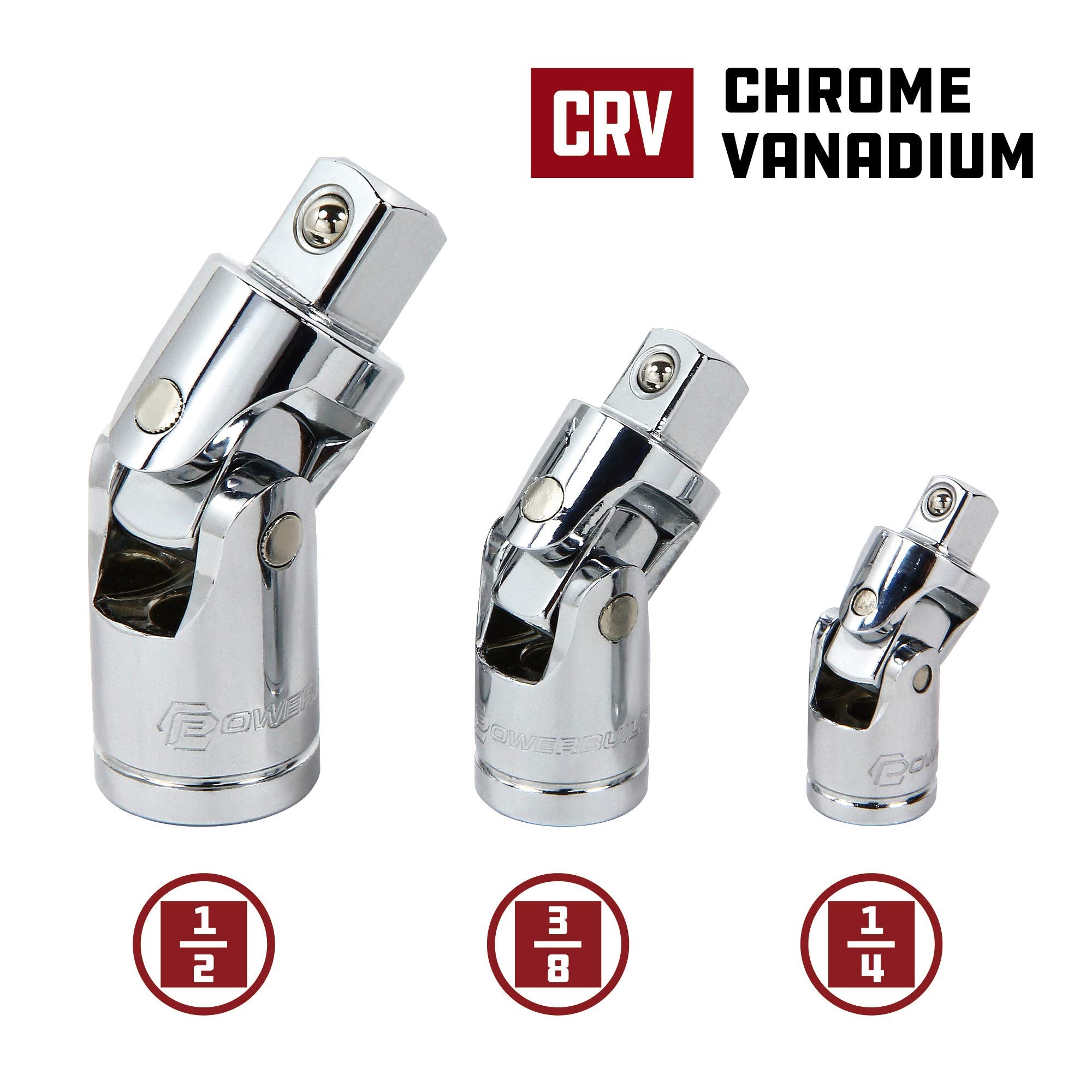 Powerbuilt 640858 3 Piece Universal Joint Set, Silver, 1/4'', 3/8'' & 1/2'' Drive
