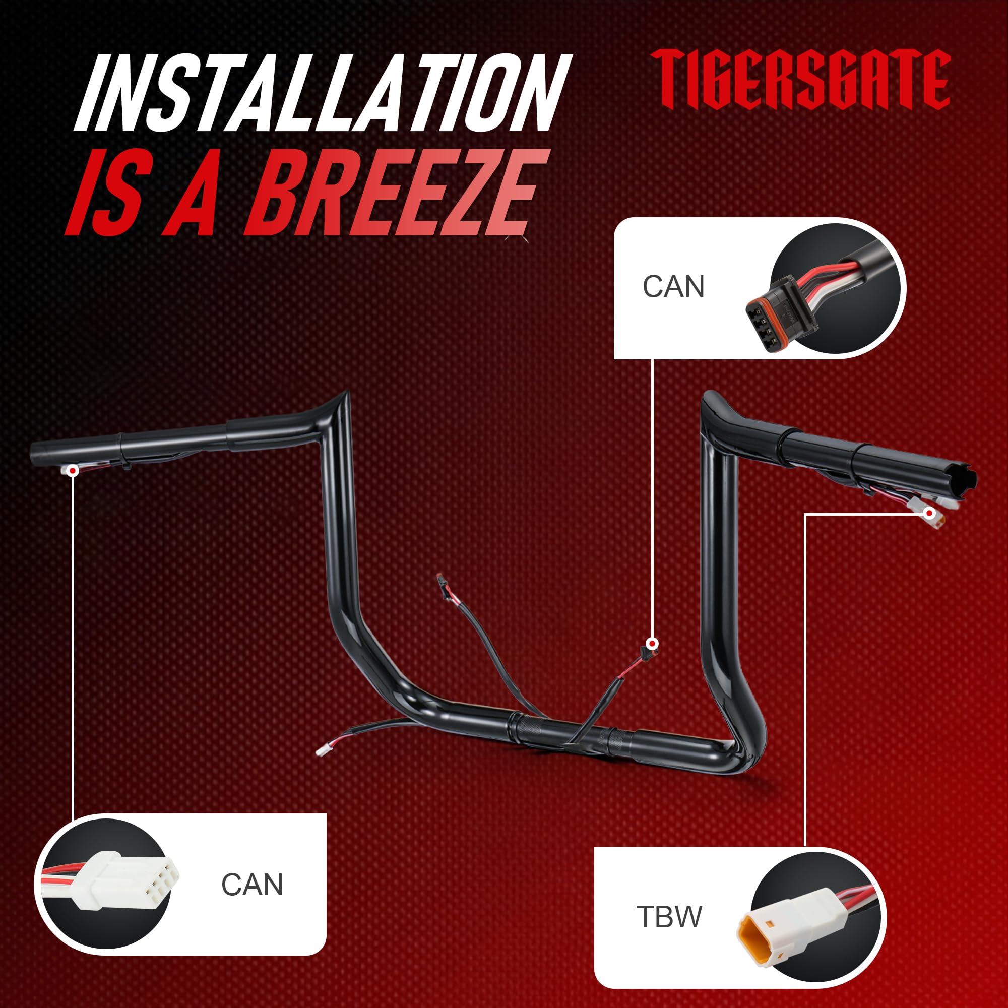 TIGERSGATE 12" Black PRE-WIRED Meathook Monkey Bar Ape Hangers Handlebars for Harley 2016-2023 Street Glide/Electra Glide/Ultra Limited