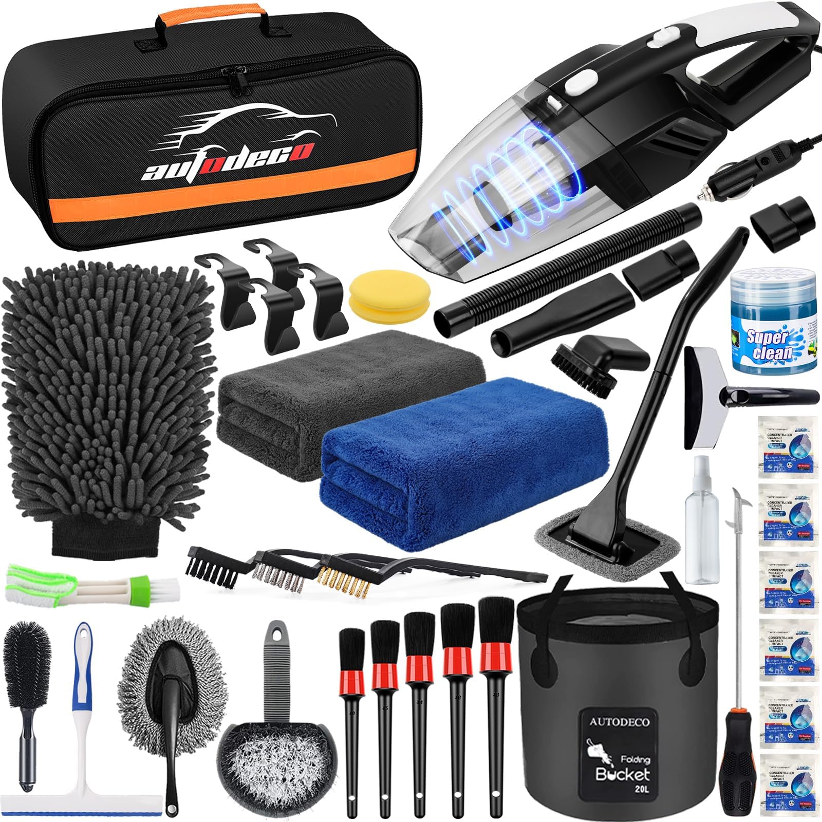 Autodeco 41Pcs Car Cleaning Wash Kit Interior Detailing Cleaner Kit With High Power Handheld Vacuum, Collapsible Bucket, Windshi