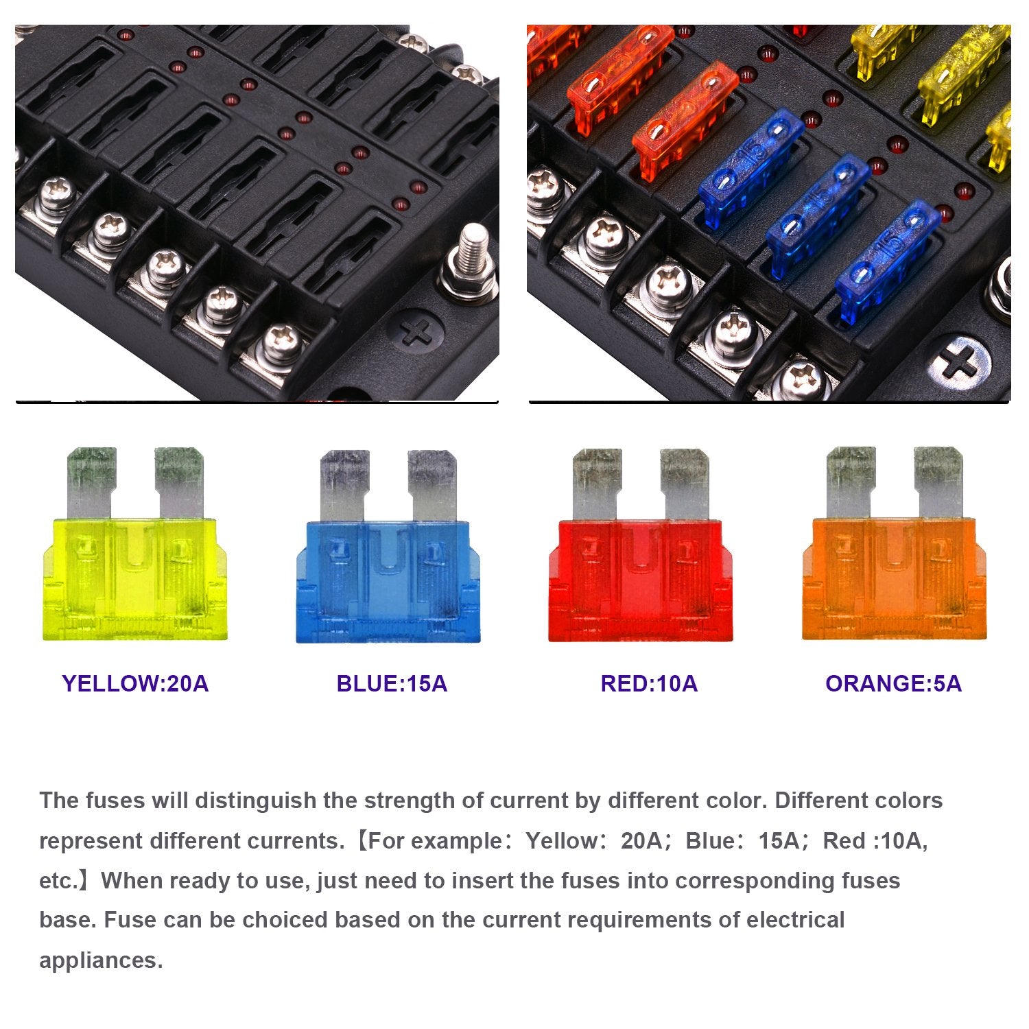 BlueFire 12 Way Blade Fuse Box Holder with LED Indication, PBT Material - Standard Circuit Fuse Block for Car, Boat, Truck, RV
