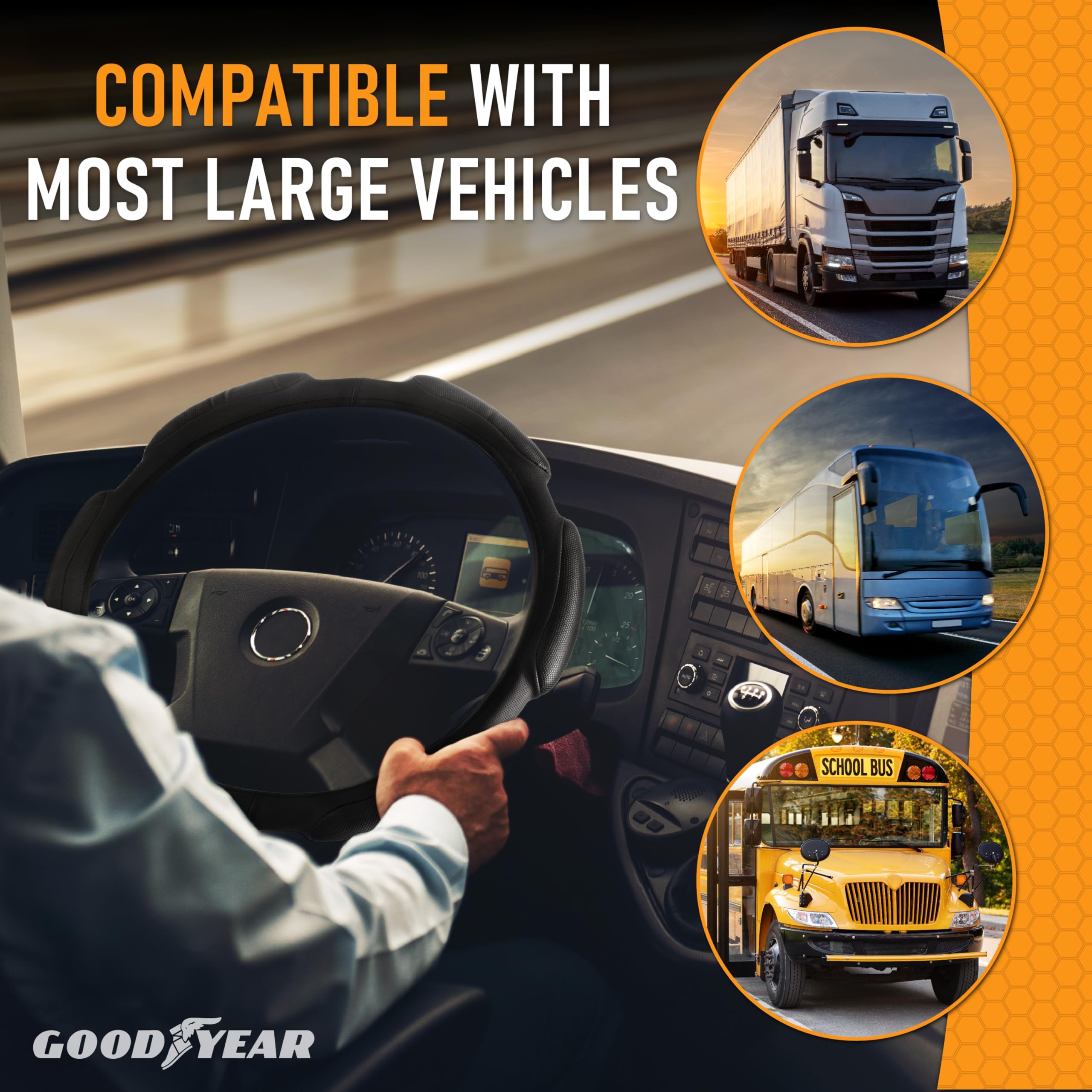 Goodyear 18 Black Vegan Leather Steering Wheel Cover - Non-Slip, Comfortable, Heavy-Duty Protection for Trucks and Buses