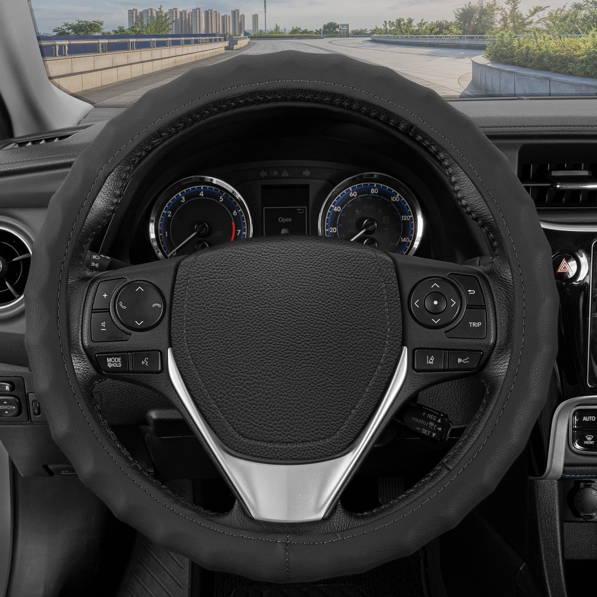 Bdk Genuine Black Leather Steering Wheel Cover For Car, Large 15.5 - 16 Inch - Ergonomic Comfort Grip For Men & Women, Car Steer