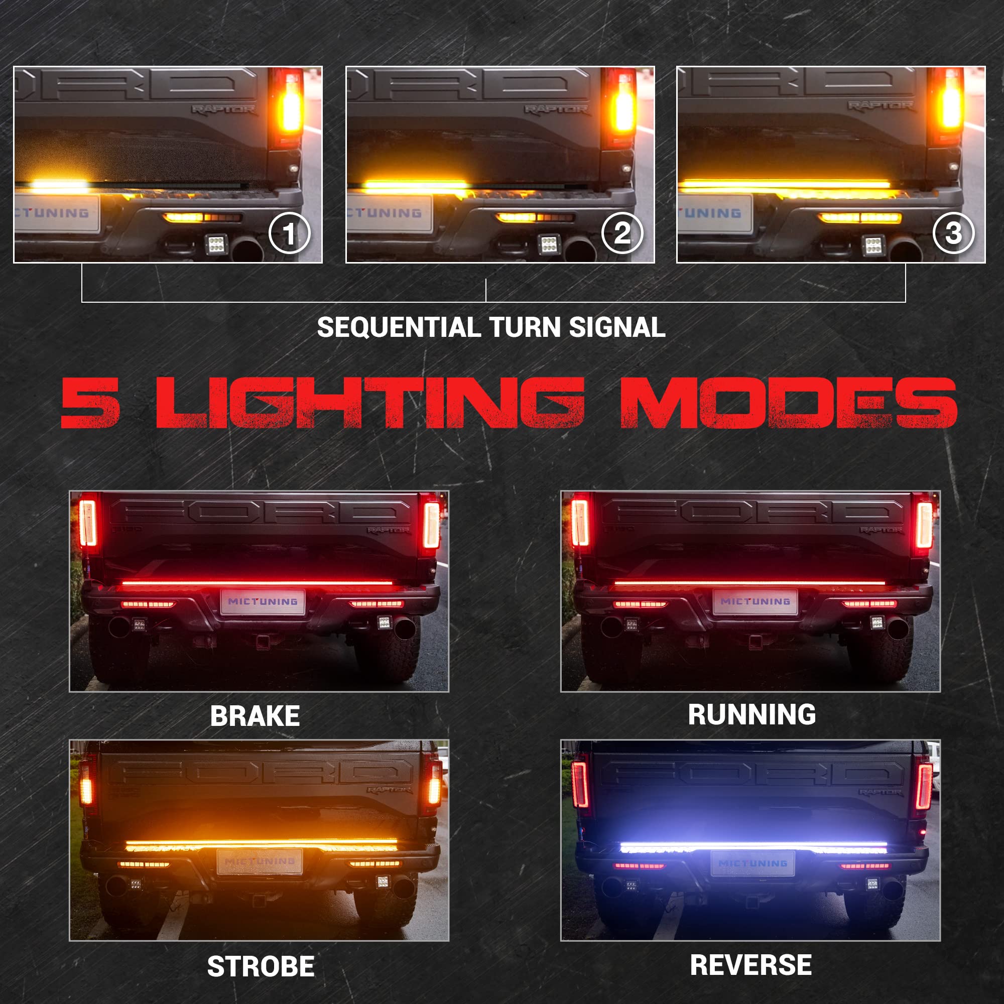 Mictuning 60 Inch Aluminum Frame Triple Tailgate Light Bar 1200 Led Waterproof With 4-Way Flat Connector - Full Function Amber S