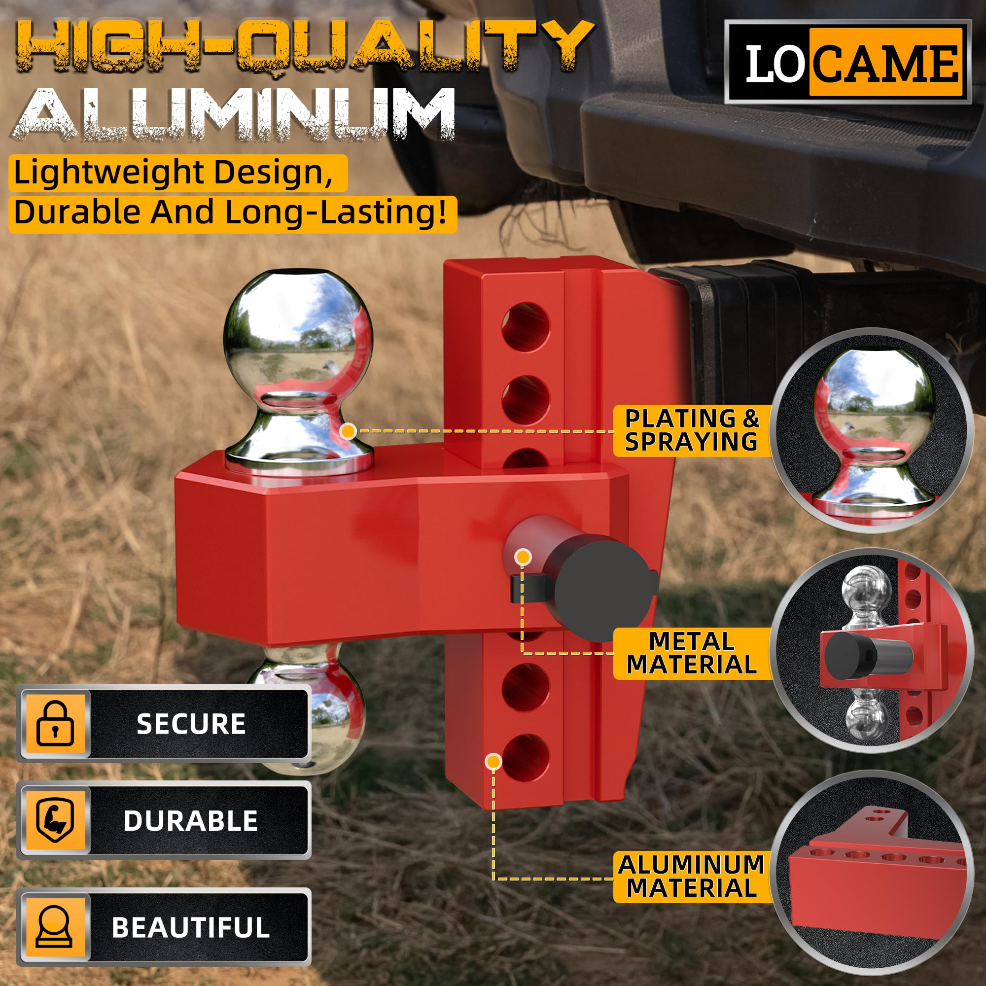 LOCAME Adjustable Trailer Hitch - 2-Inch Receiver, 6-Inch Drop, Aluminum, 12,500 LBS GTW, Model LC0046, Red