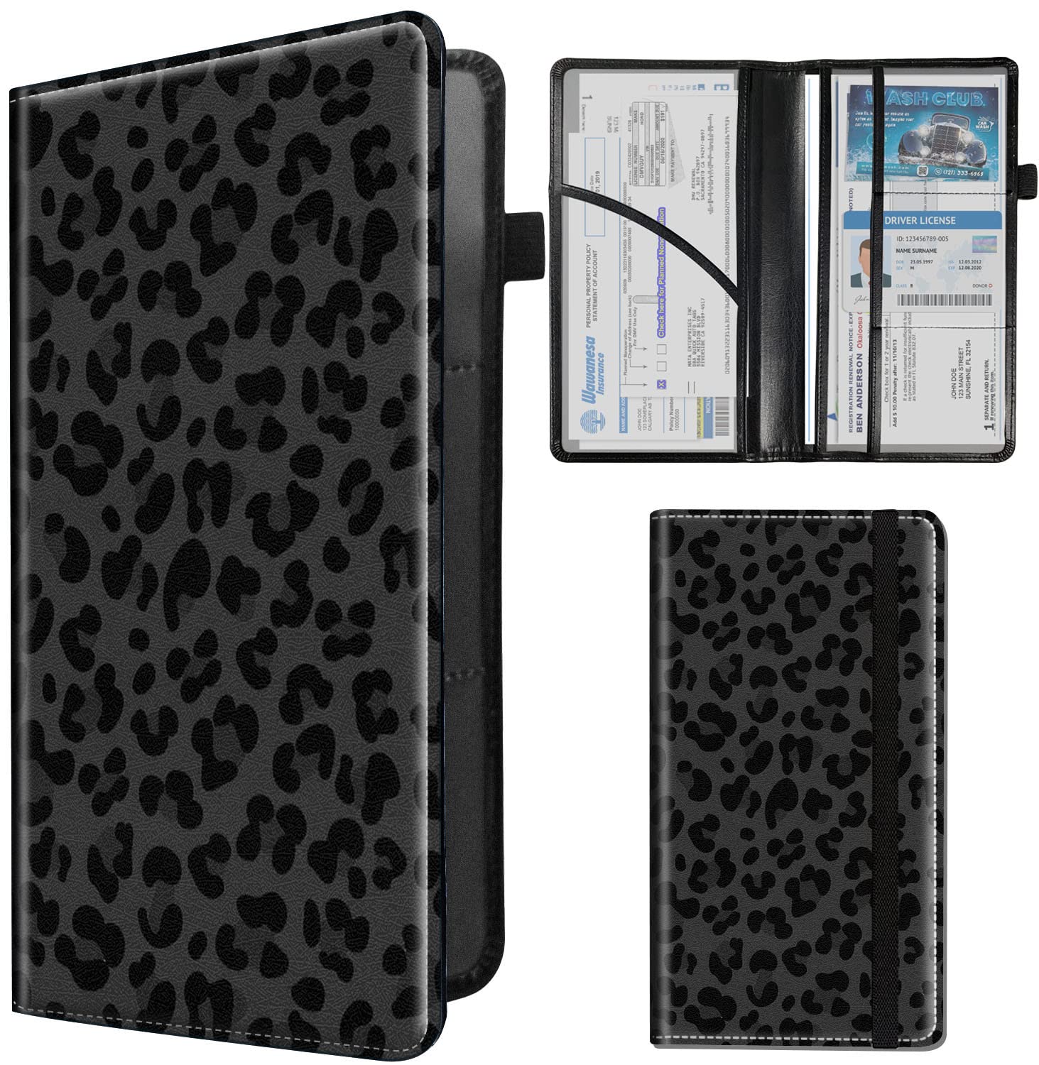 SDDFRHGH Car Document Holder, Leopard Print, Auto Organizer, 7 Pockets, RFID Protection, Black
