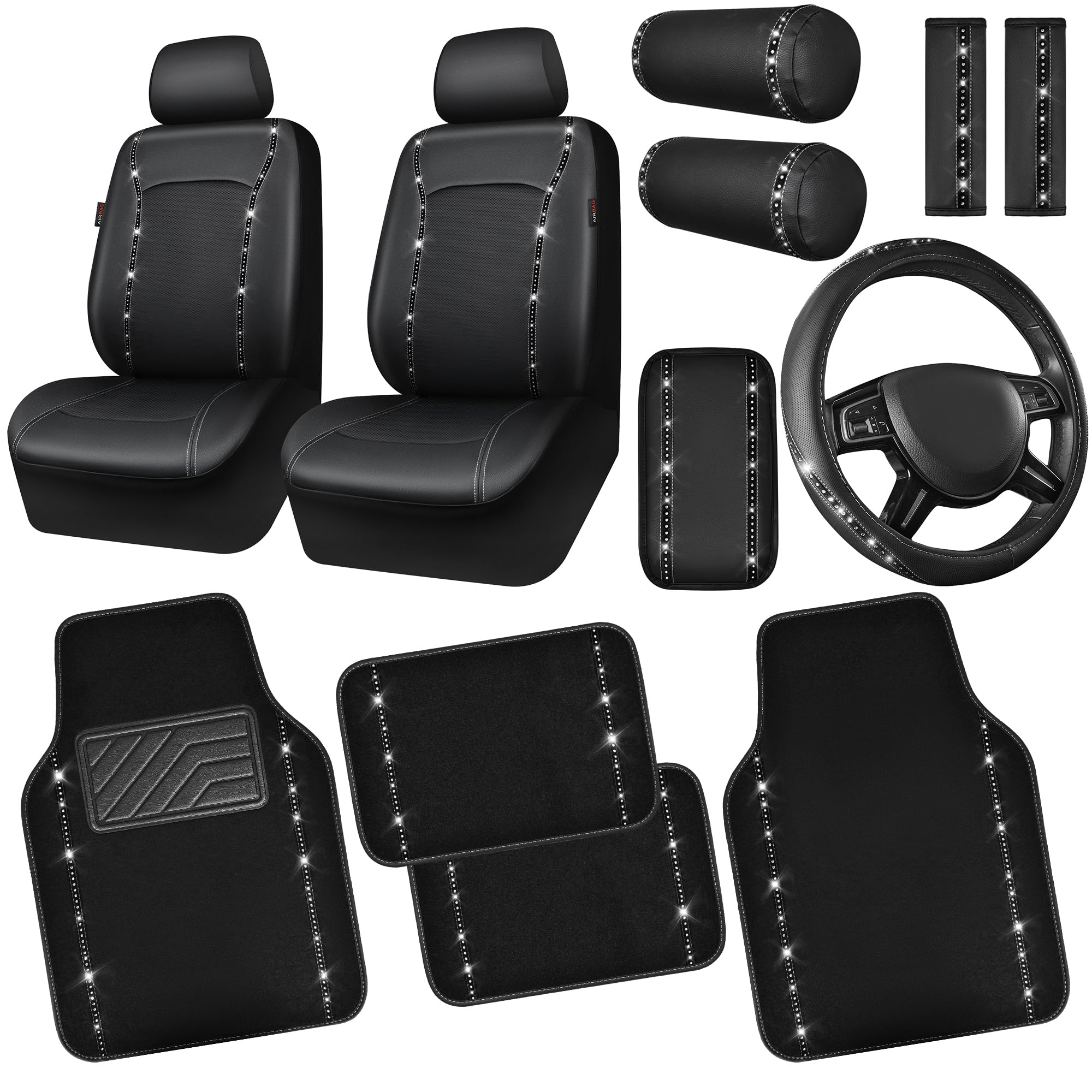 Car Pass 14 Pcs Bling Car Accessories Set For Women, Leather Car Seat Covers Front Seats Sparkly Rhinestone 15'' Steering Wheel 