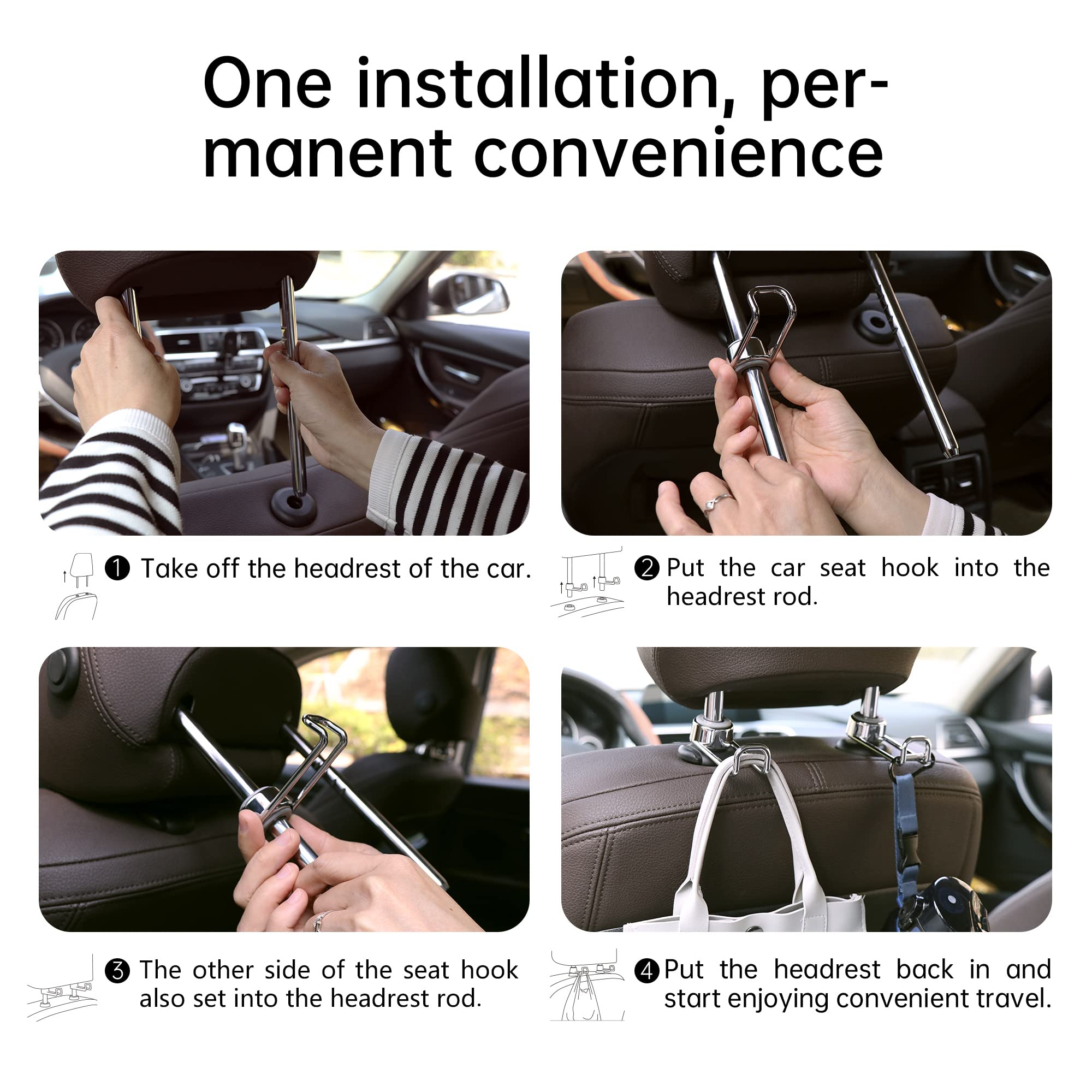 sentoto Multi-Functional Car Purse Hook - Headrest Hooks, Removable, Say Goodbye to Messy Space - Bright Silver