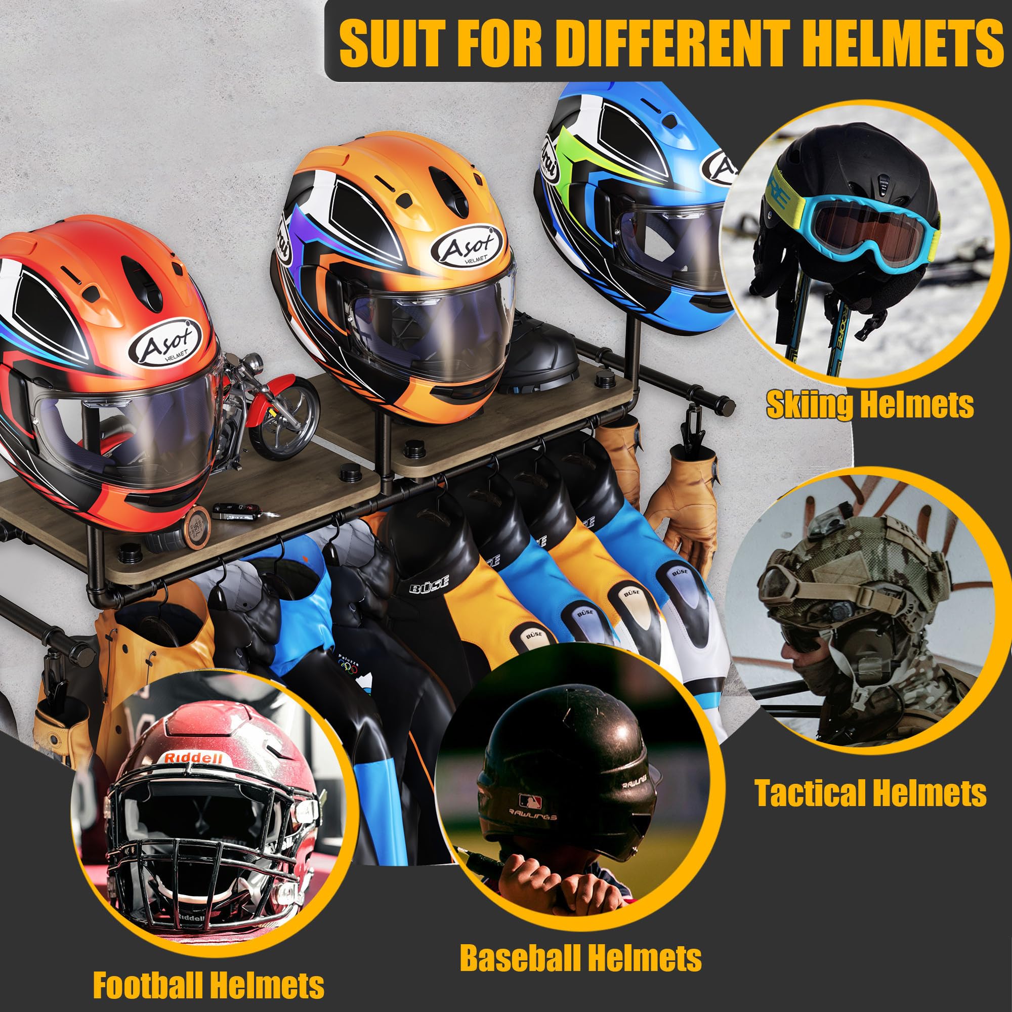 ATSKIM Double Motorcycle Helmet Holder Wall Mount, Metal Display Rack for 3 Helmets, Includes 4 Hooks, Model AT-1002