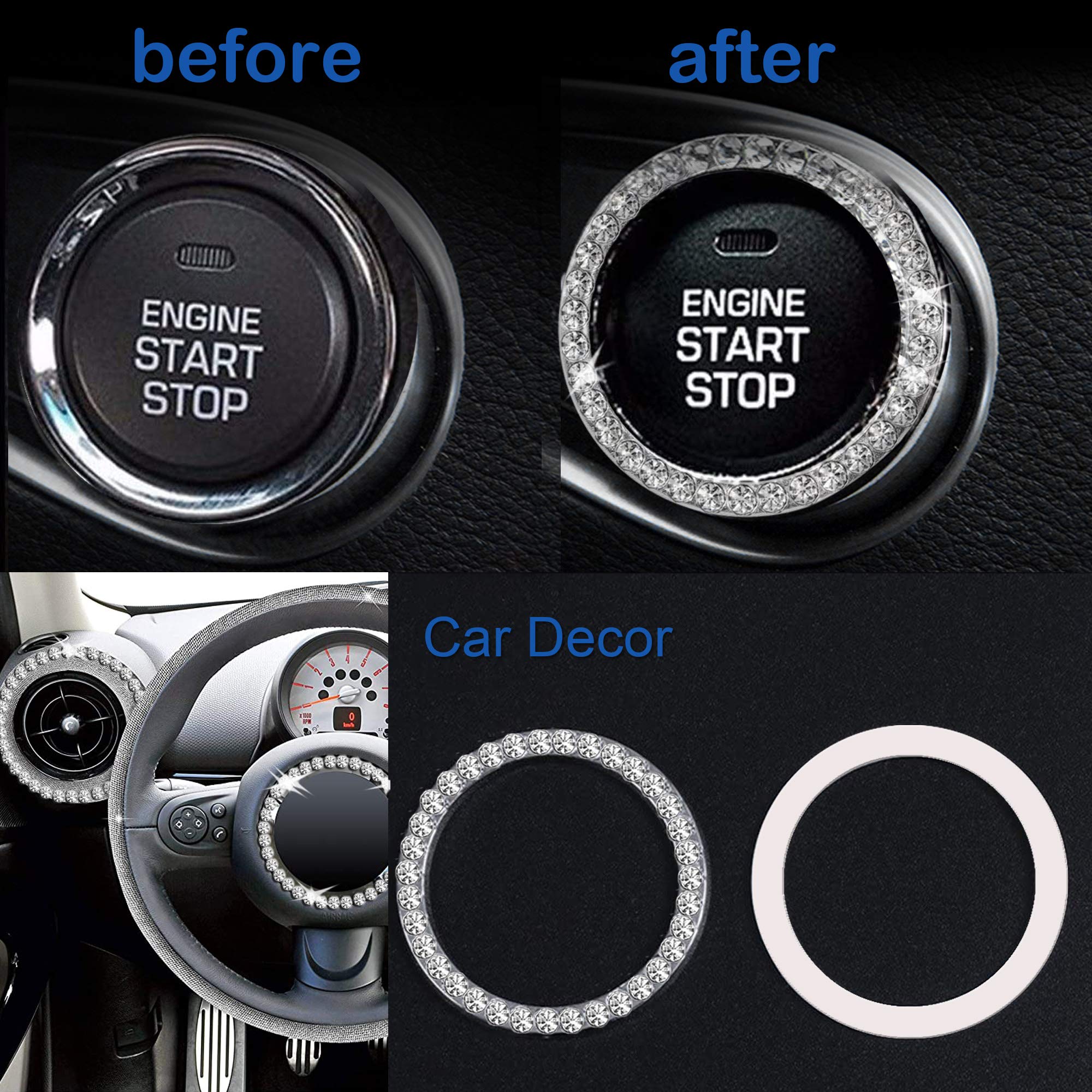 Orrdice 2 Pcs Crystal Rhinestone Ring for Car Decor, Bling Decor Car Emblem Sticker, Push to Start Button,Key Ignition Starter,