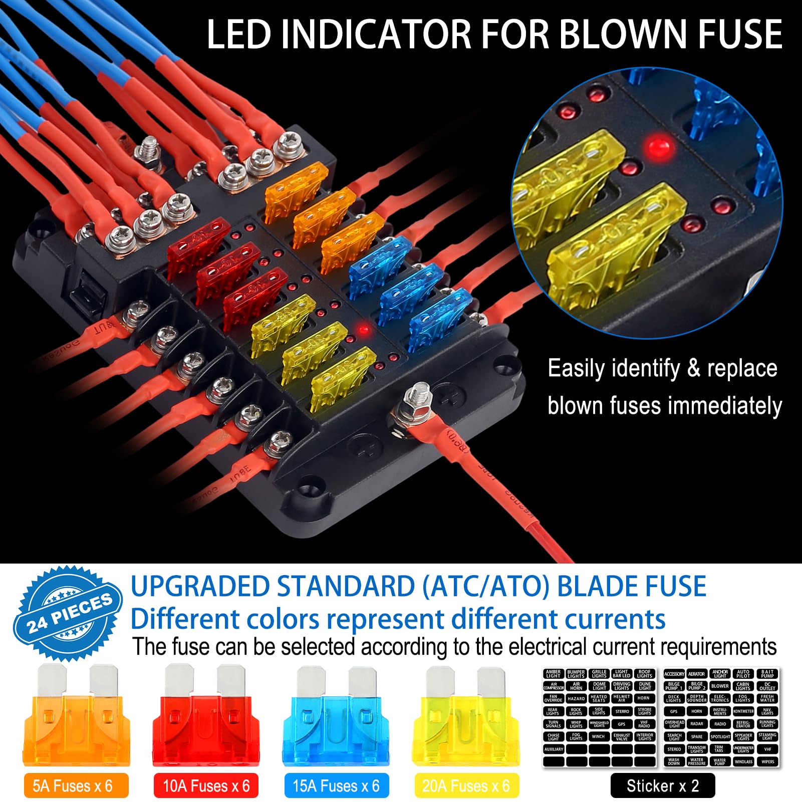 Fuse Block, 12v Fuse Box Holder with Led Indicator Waterproof Cover, Cyrico 12 Circuits Fuse Panel with Negative Bus for 12V/24V